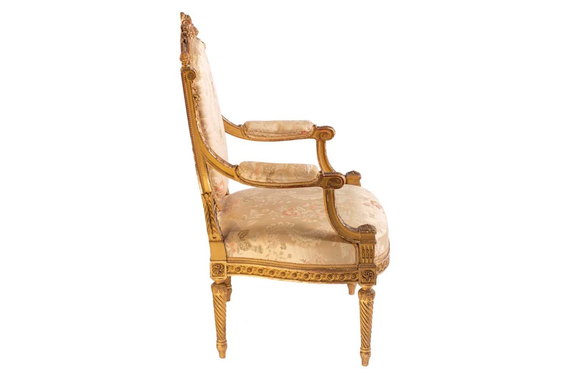 In the manner of George Jacob; a Louis XVI style finely carved wood and gilt gesso fauteuil, late - Image 11 of 35