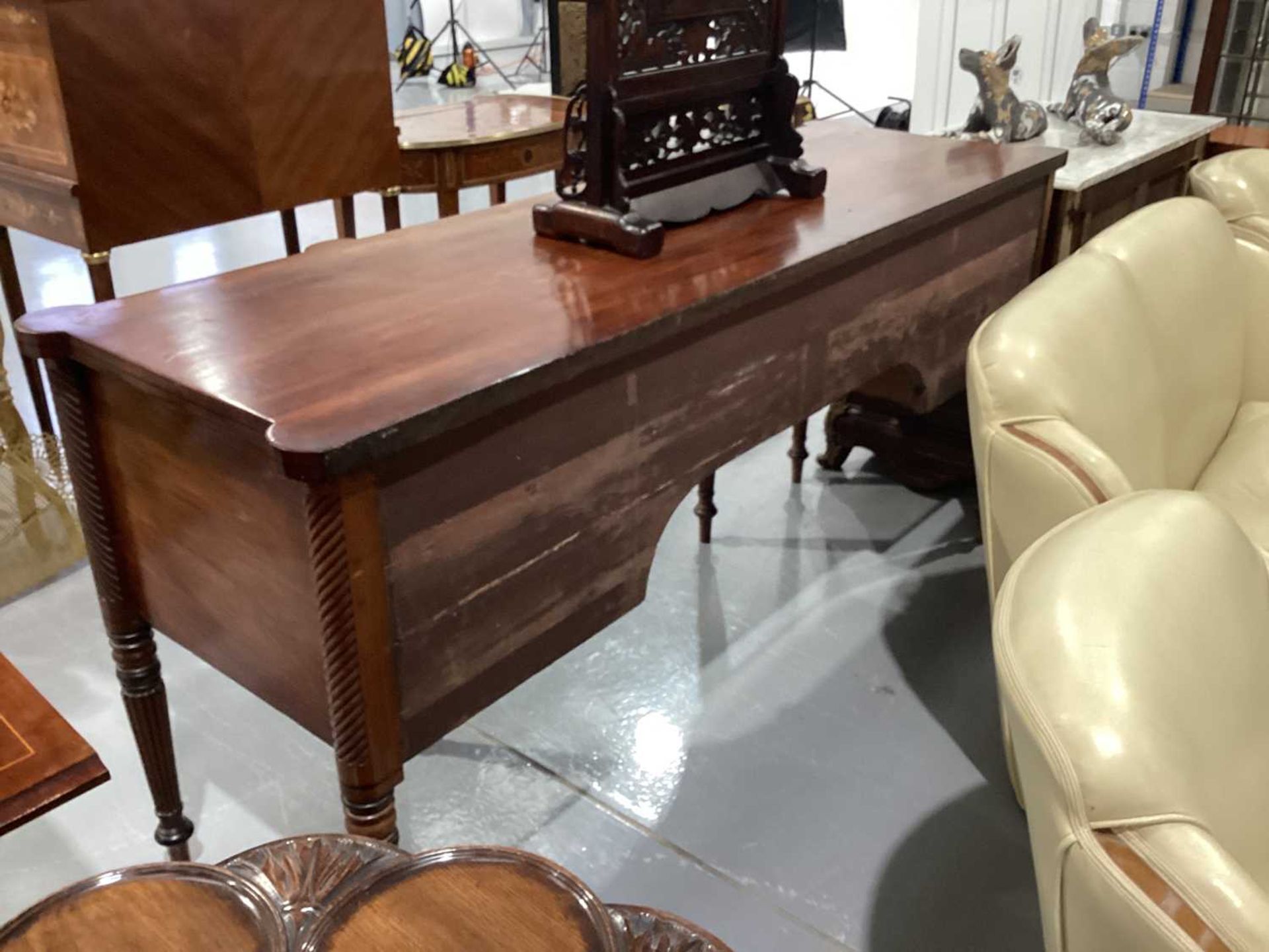 A Regency mahogany sideboard, the rectangular top with rounded corners and ebony strung edge over - Image 16 of 17