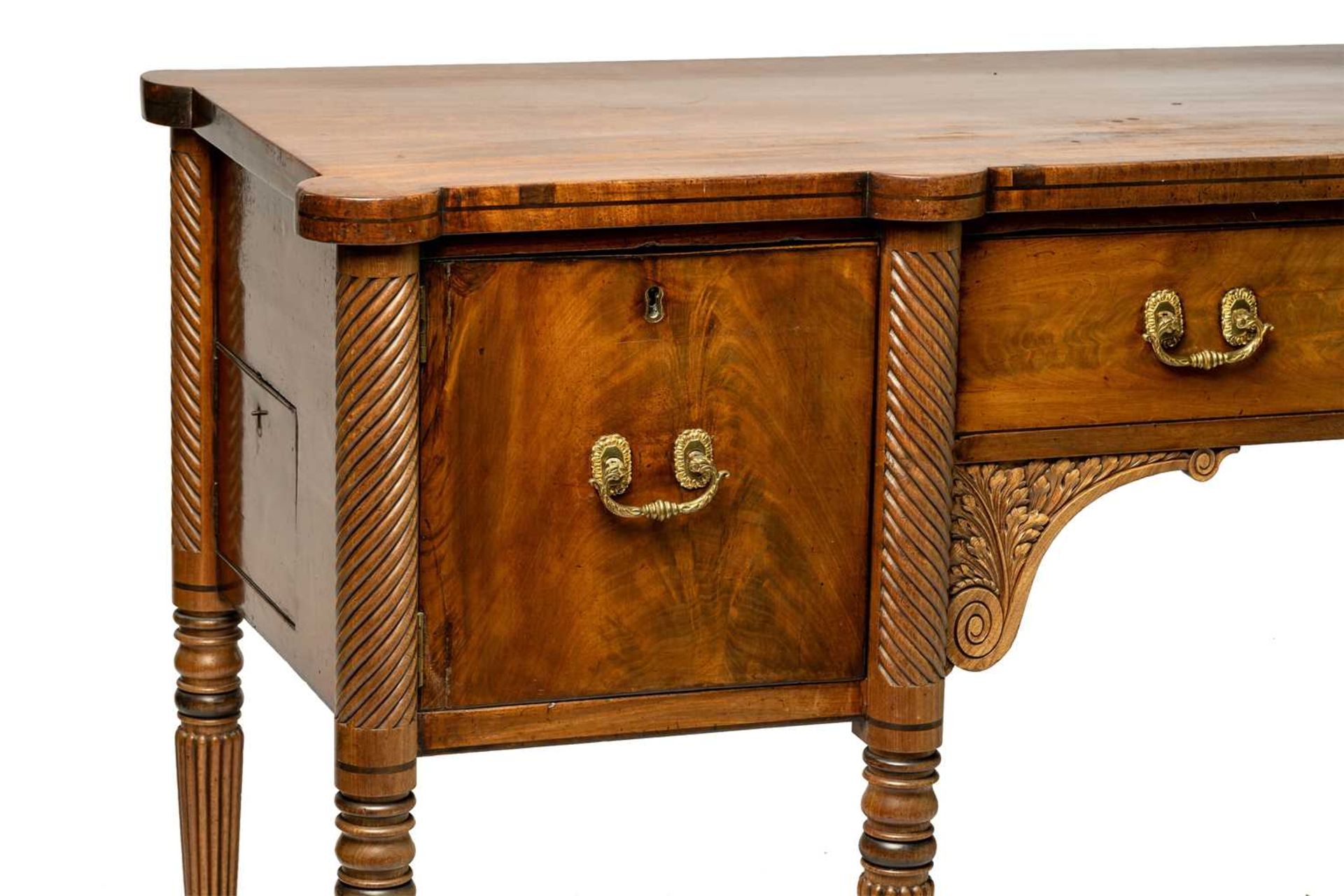 A Regency mahogany sideboard, the rectangular top with rounded corners and ebony strung edge over - Image 3 of 17