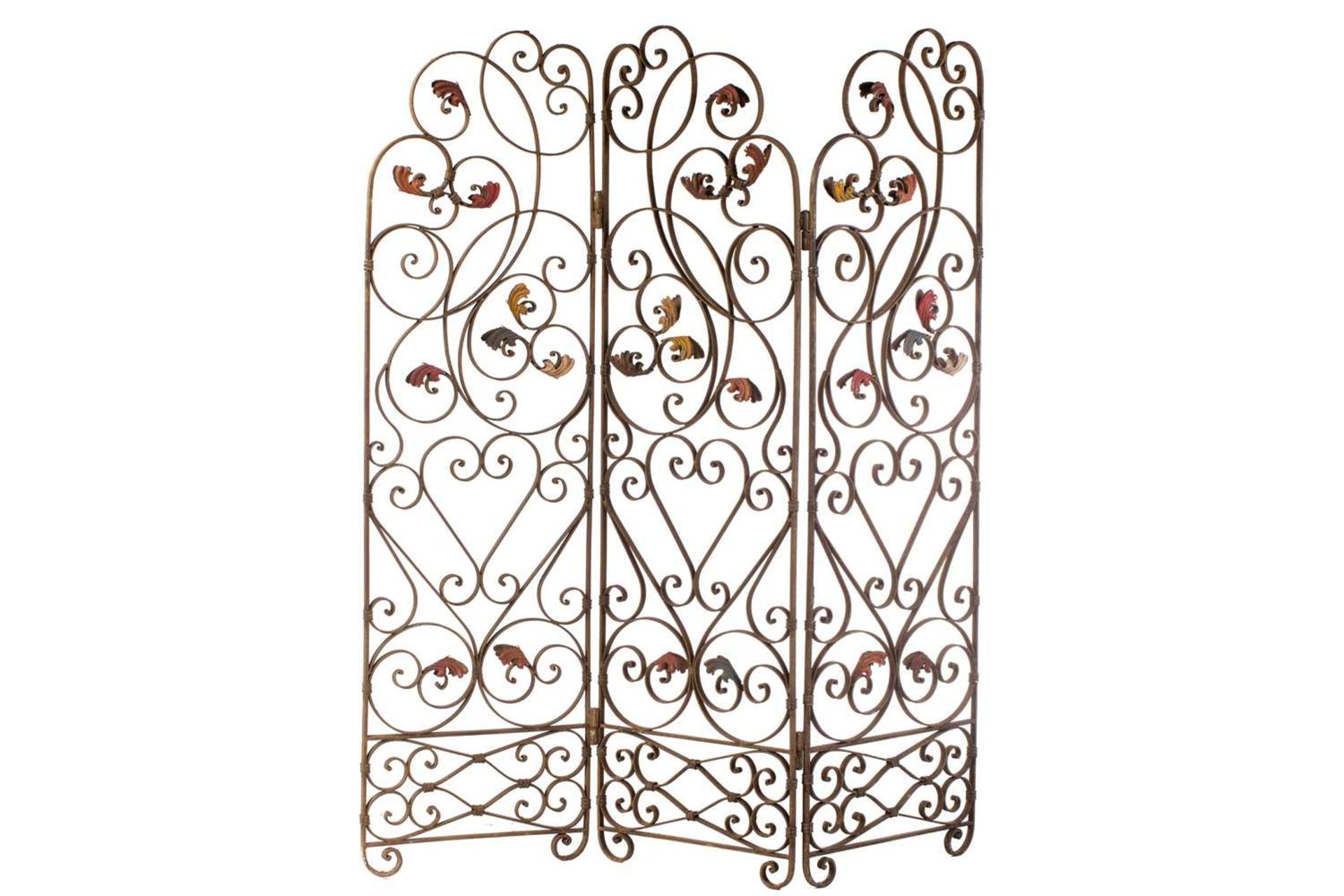 An Italianate wrought iron three panel room screen, 20th century ,with verdigris painted scrolling - Image 2 of 8
