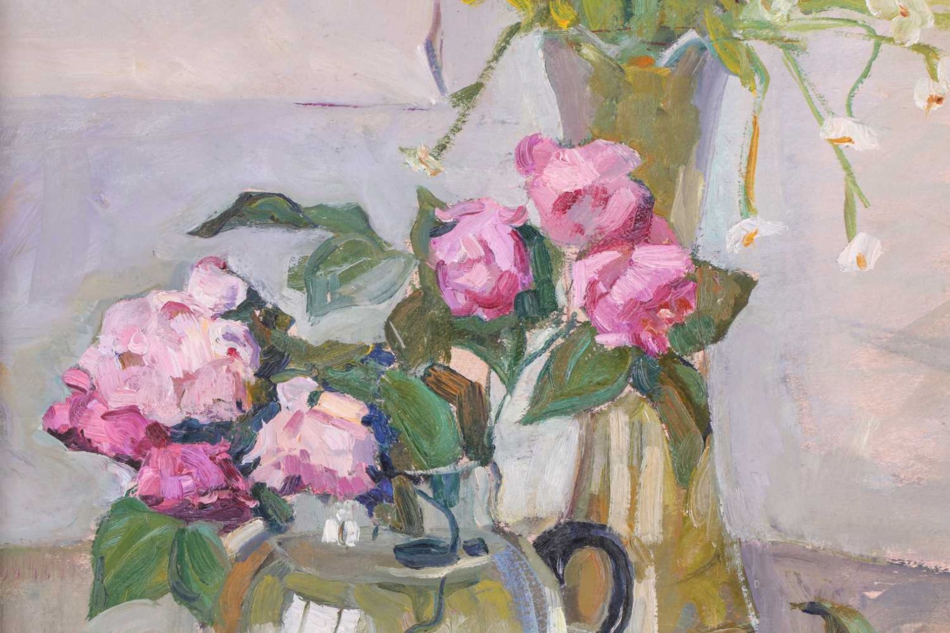 20th-century Russian school, still life study of pink roses in a vase, oil on canvas, 45.5 cm x 47 - Image 2 of 10