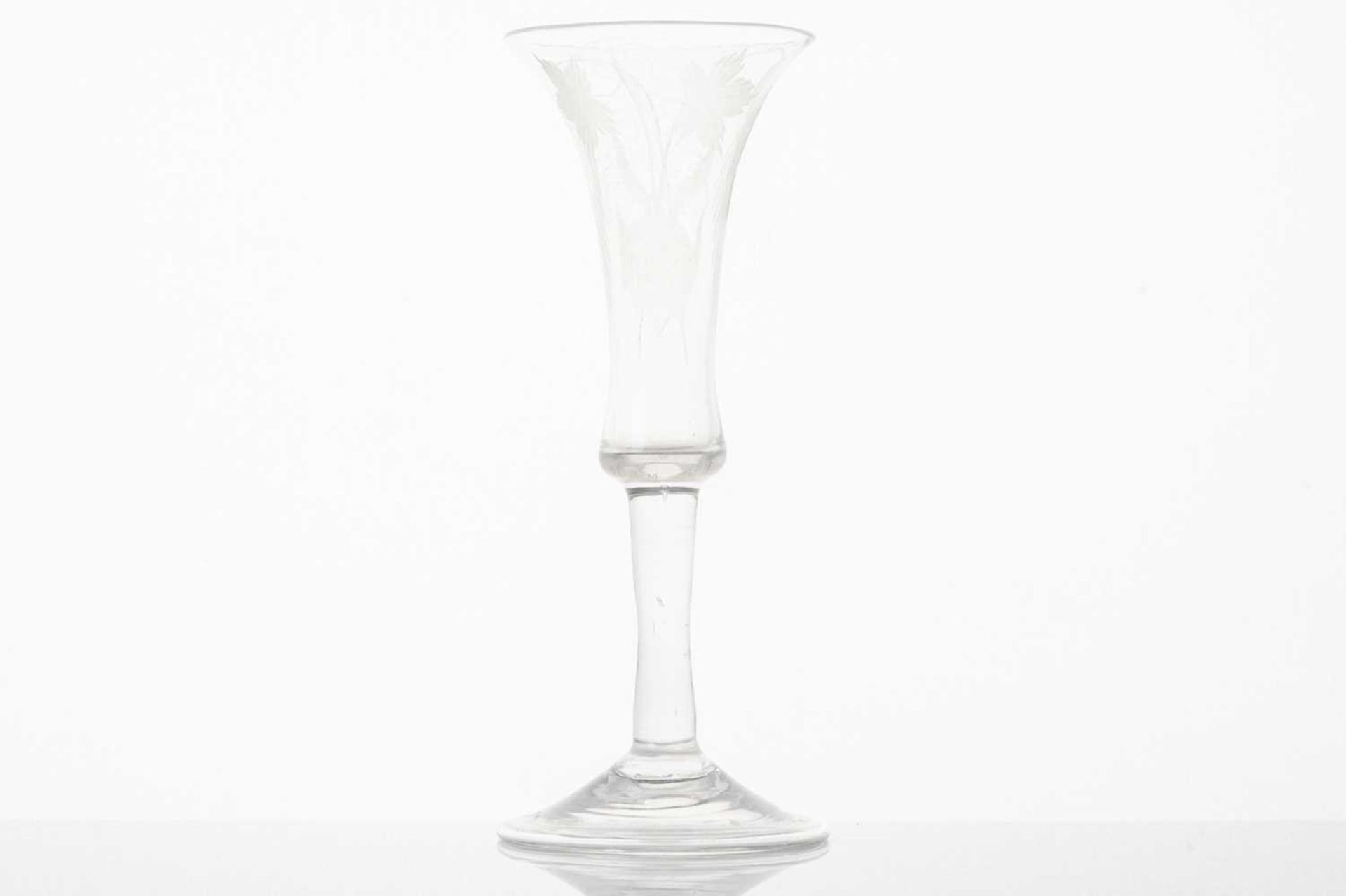 A late 18th century wine glass, the trumpet form bowl with hops and barley, on a plain stem and - Image 6 of 14
