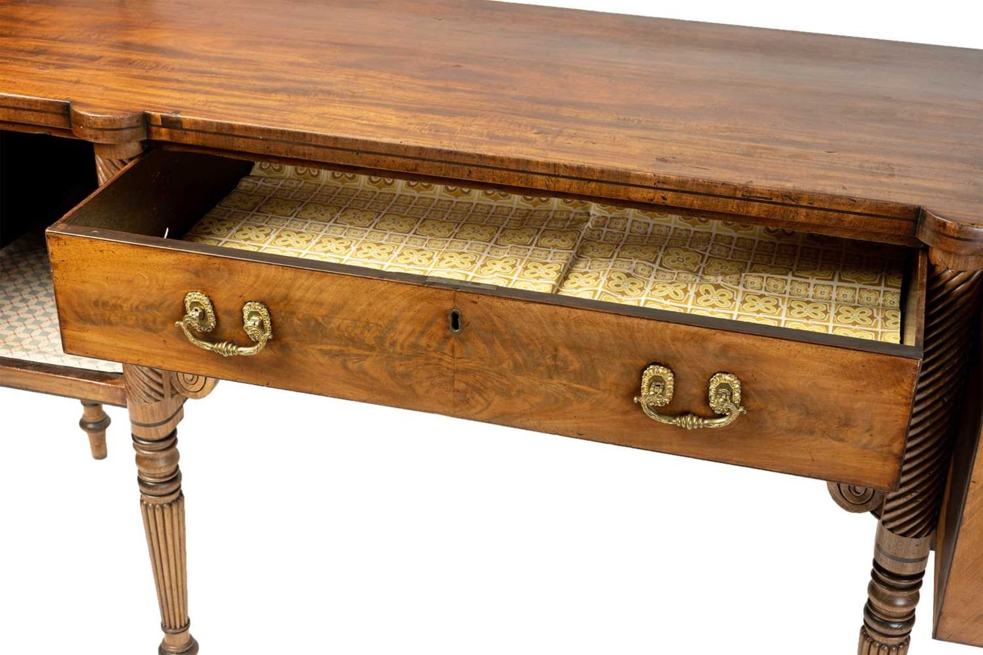 A Regency mahogany sideboard, the rectangular top with rounded corners and ebony strung edge over - Image 7 of 17