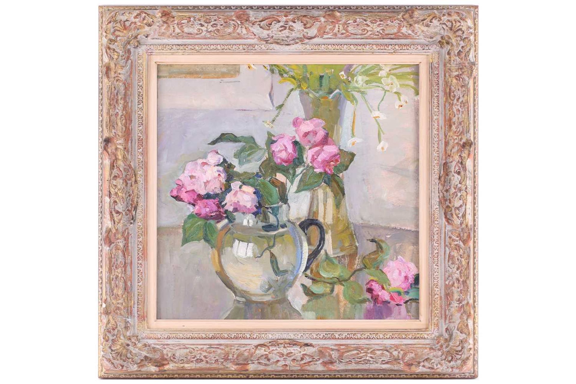 20th-century Russian school, still life study of pink roses in a vase, oil on canvas, 45.5 cm x 47