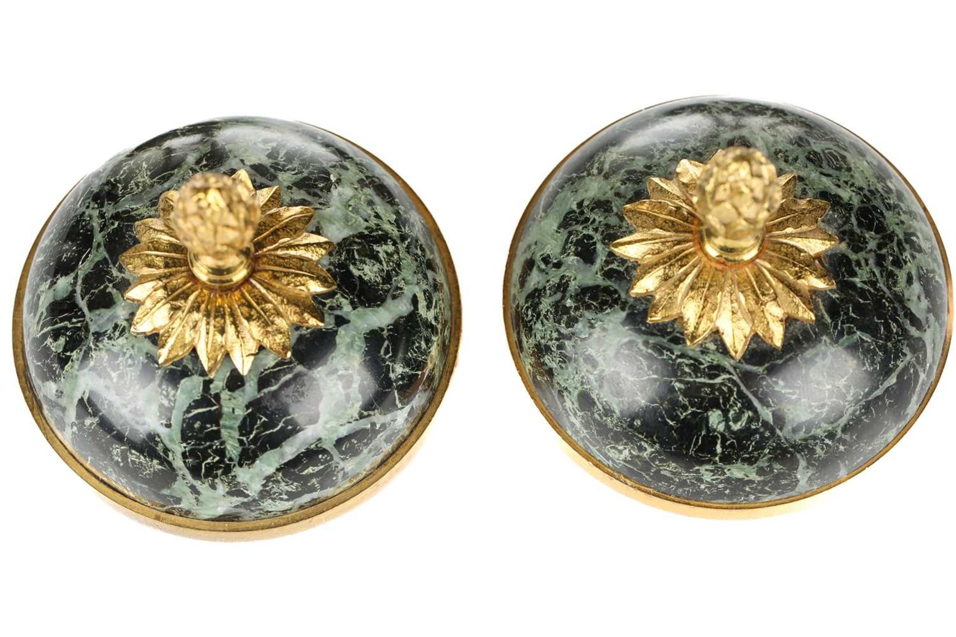 A fine pair of Louis XVI style ormolu and variegated green marble cassolettes of classical urn form, - Image 4 of 14