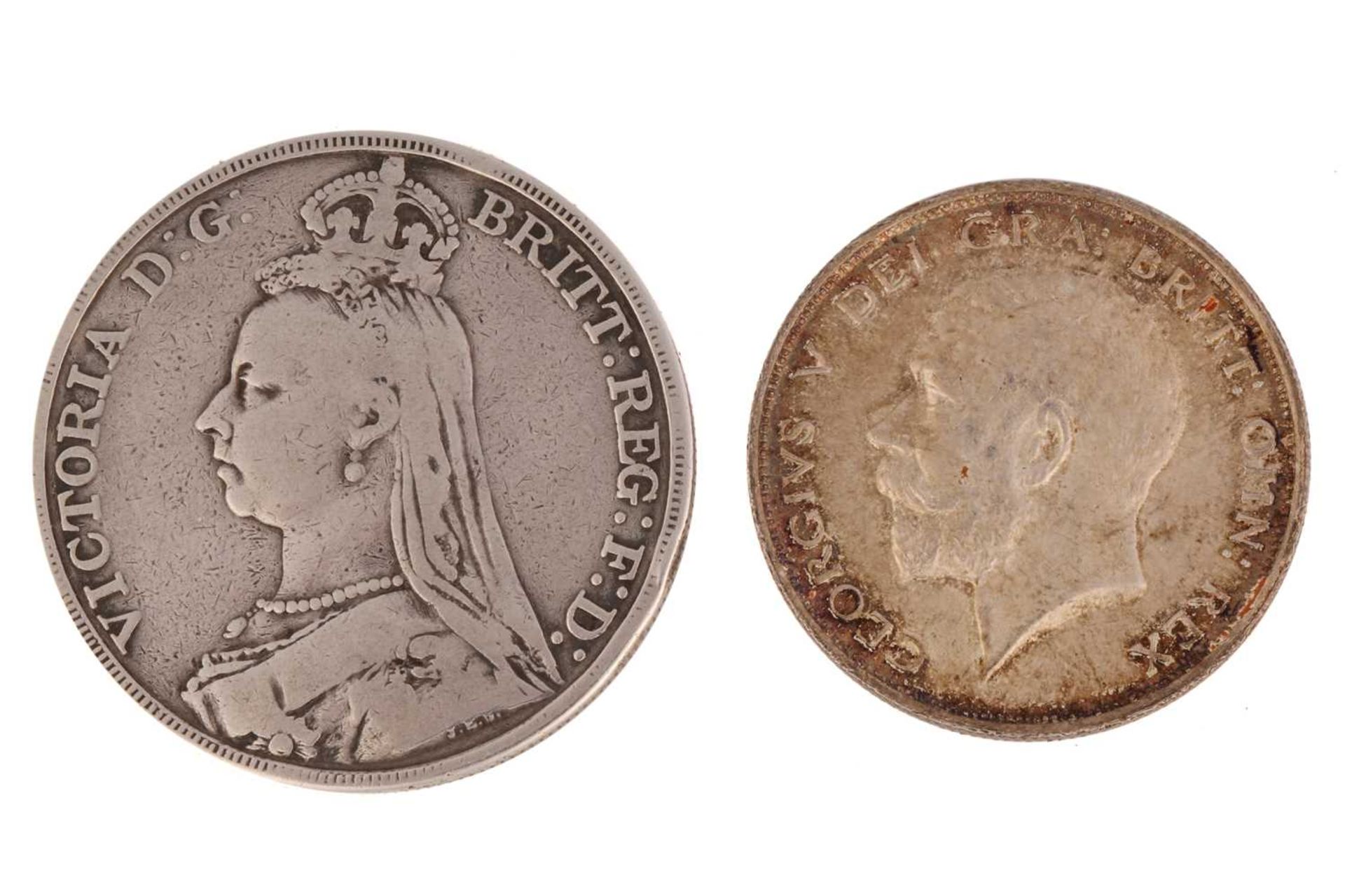 A George V silver proof half crown, 1911, and a Victorian Jubilee head crown, 1889.