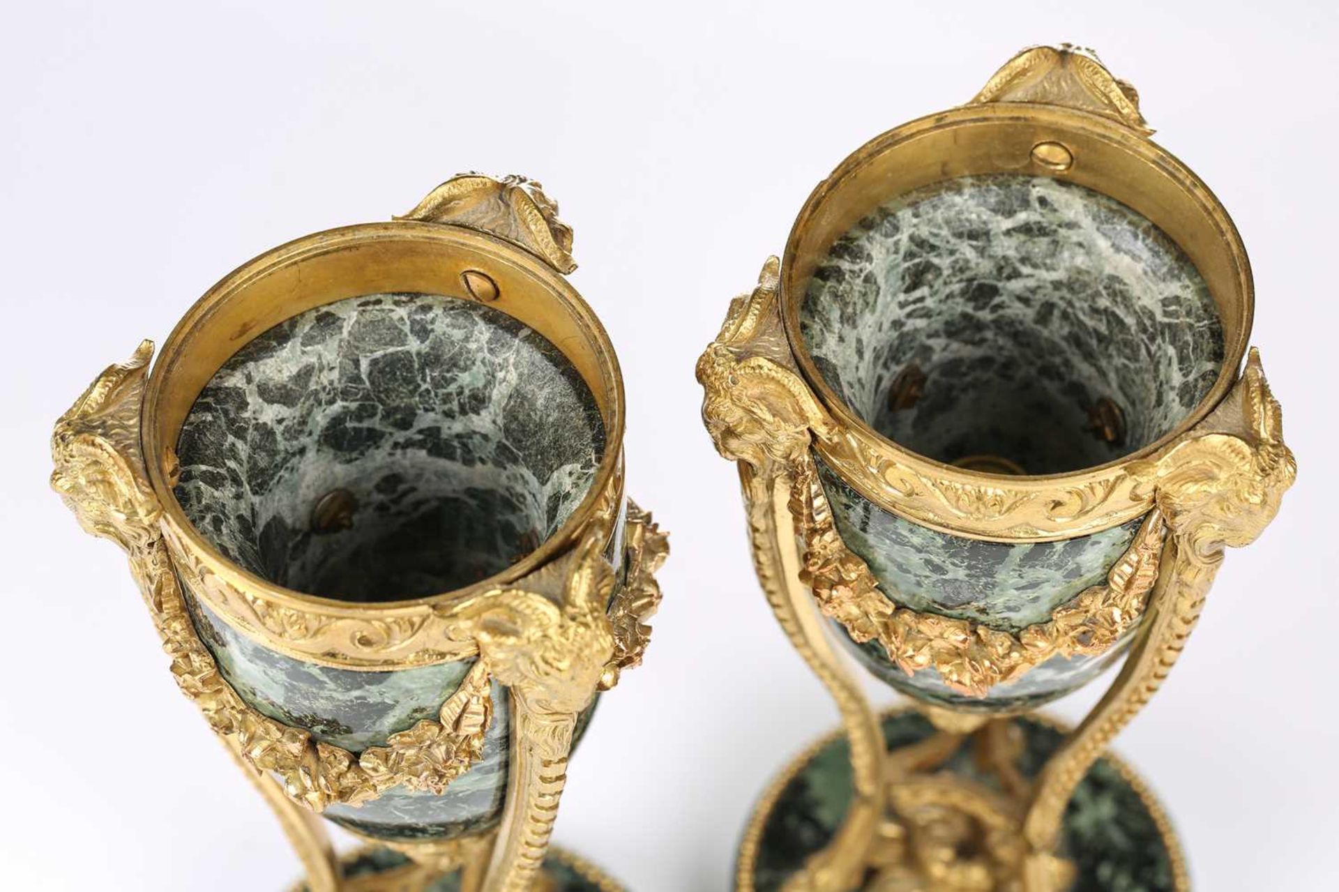 A fine pair of Louis XVI style ormolu and variegated green marble cassolettes of classical urn form, - Image 10 of 14