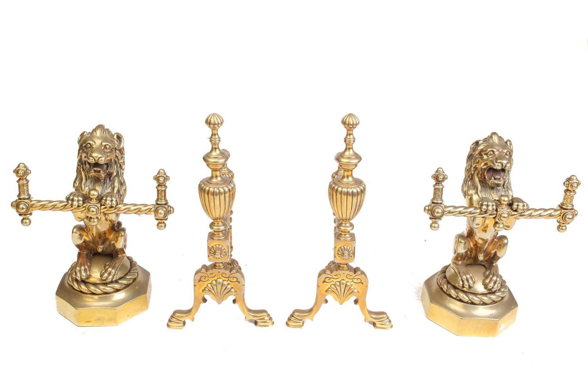 A pair of Victorian cast and gilt brass heraldic sejant erect lion firedogs, each holding a - Bild 2 aus 7
