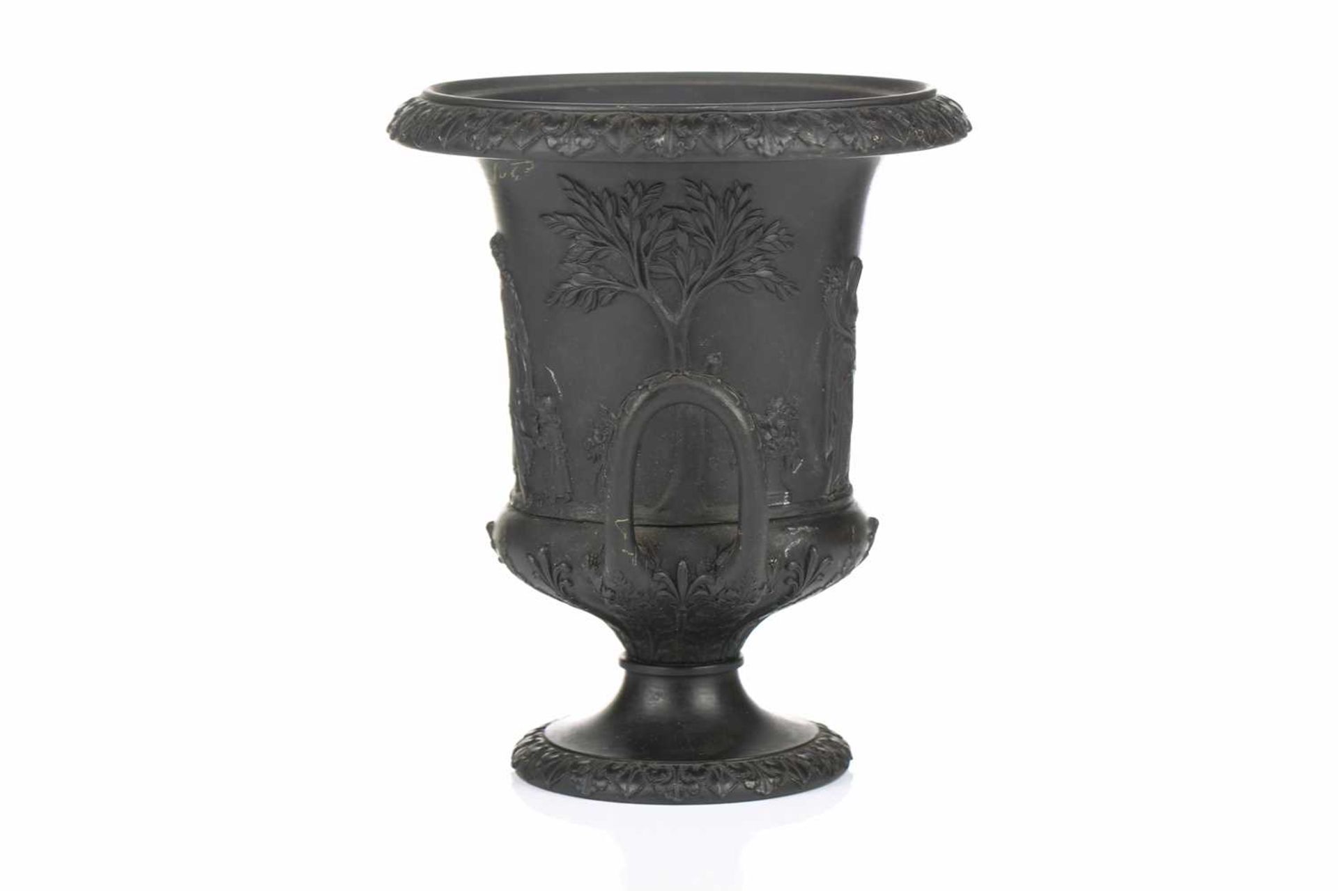 A 19th century Wedgwood black basalt urn of Campagna form, relief decorated with neo-classical - Image 9 of 11