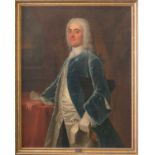 Circle of Thomas Hudson (1701-1779), a three-quarter length portrait of 'Mr Framlingham', in blue