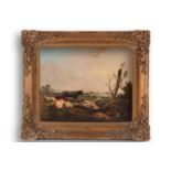 19th century British School, Cattle and sheep in a landscape with river beyond, unsigned, framed,