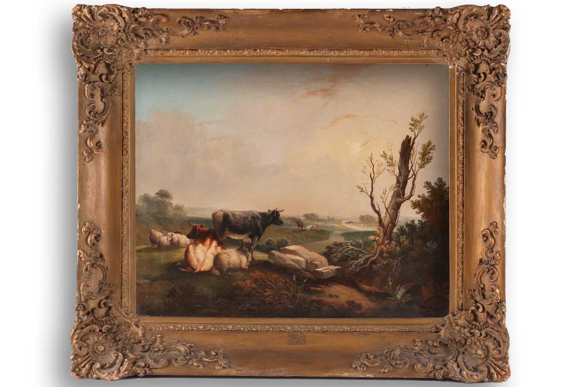 19th century British School, Cattle and sheep in a landscape with river beyond, unsigned, framed,