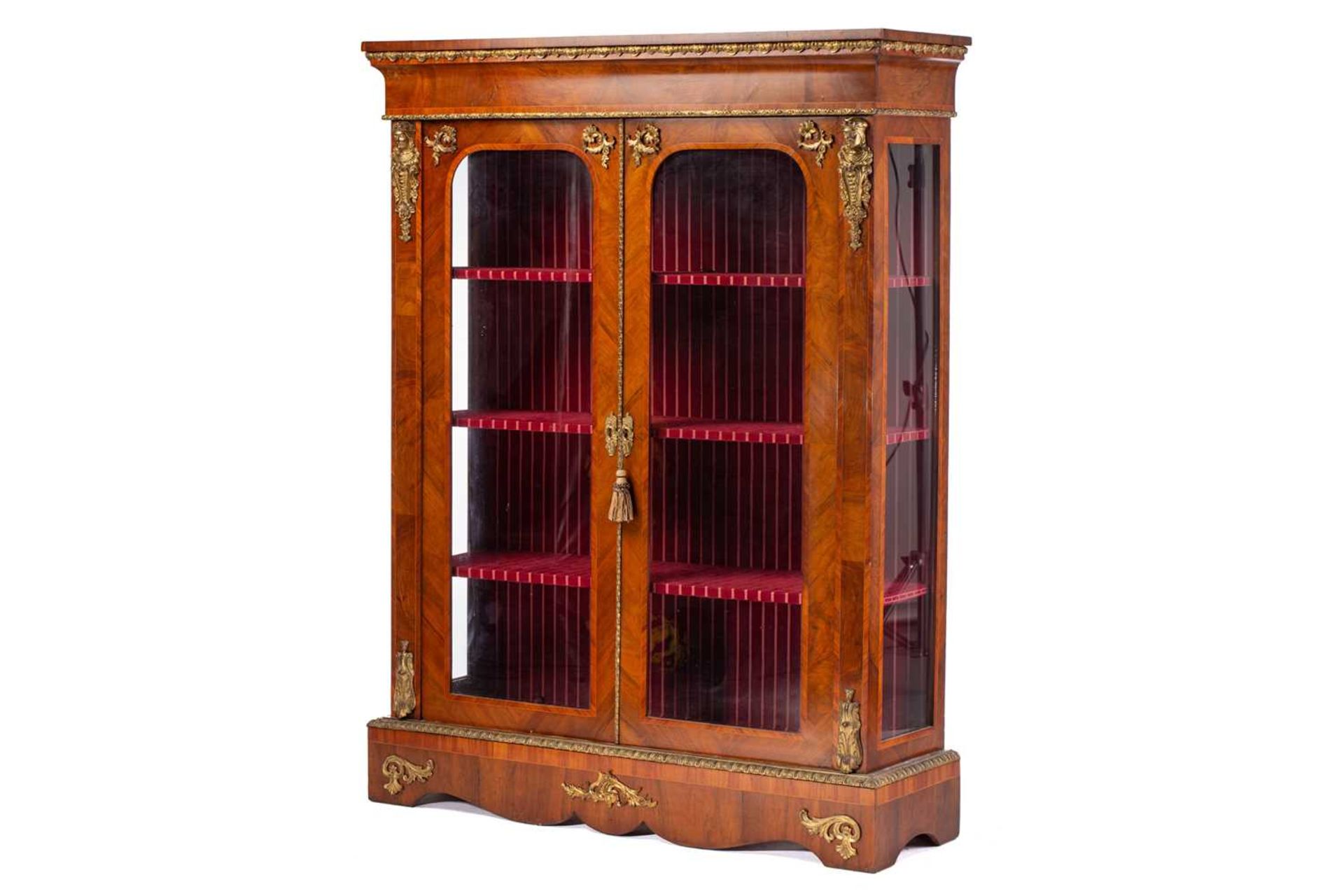 A Victorian French style two door figured walnut vitrine, with satin wood stringing and tulipwood - Image 4 of 13