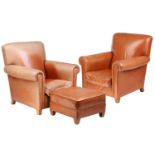 A pair of Conran Shop "Bolivar" tan hide upholstered traditional roll-over armchairs together with a