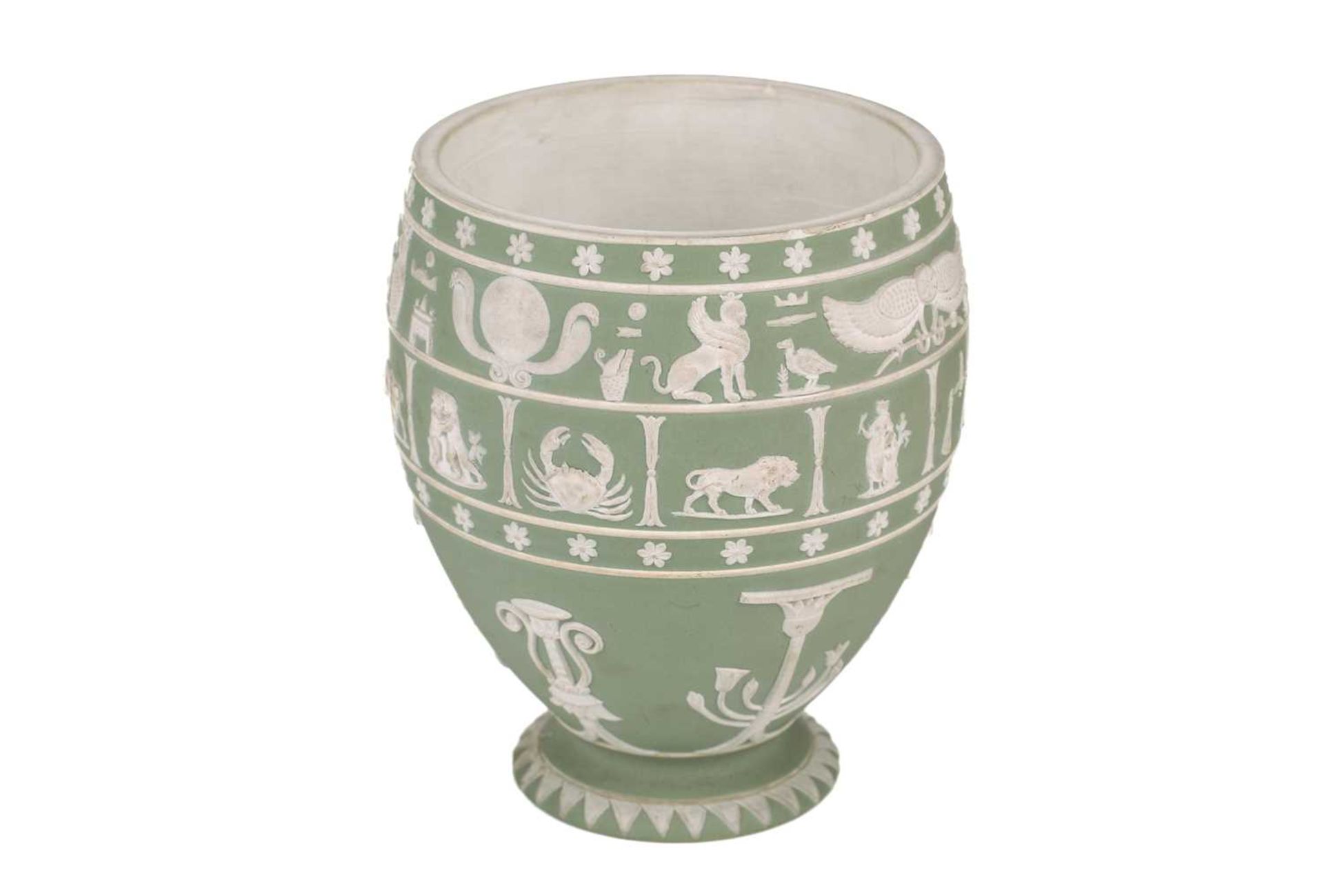 A 19th-century Wedgwood sage green Jasper dip canopic jar, (lacking original cover), modelled with