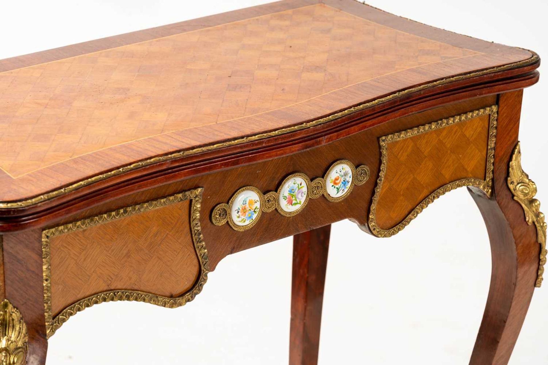 A Louis XV style mahogany and cube parquetry fold over serpentine gaming table, 20th century, the - Image 6 of 9