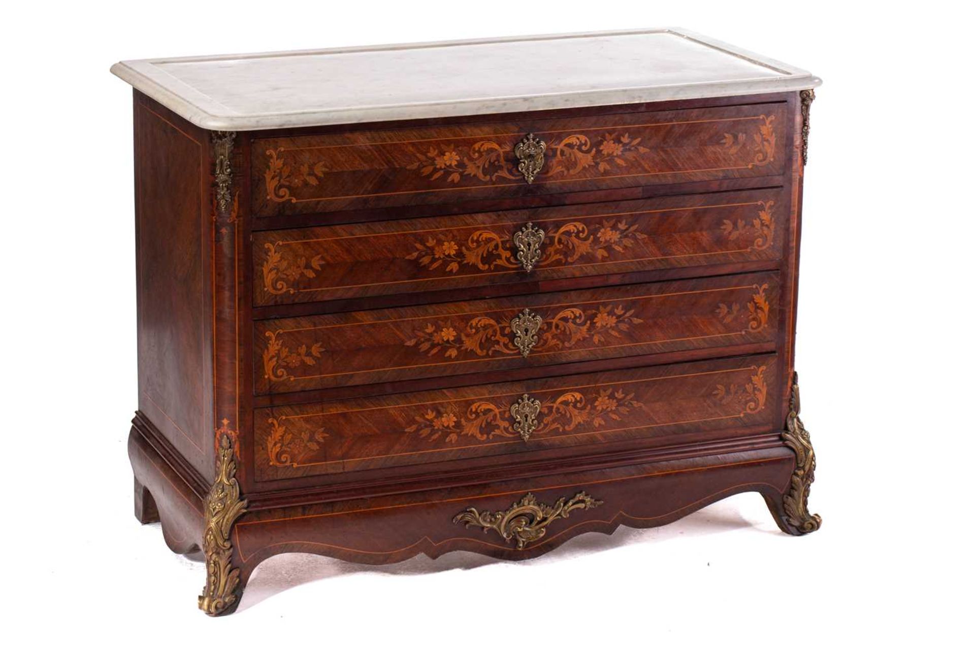 A French Napoleon III marble topped rosewood dressing commode with marquetry decoration, fitted four - Image 2 of 11