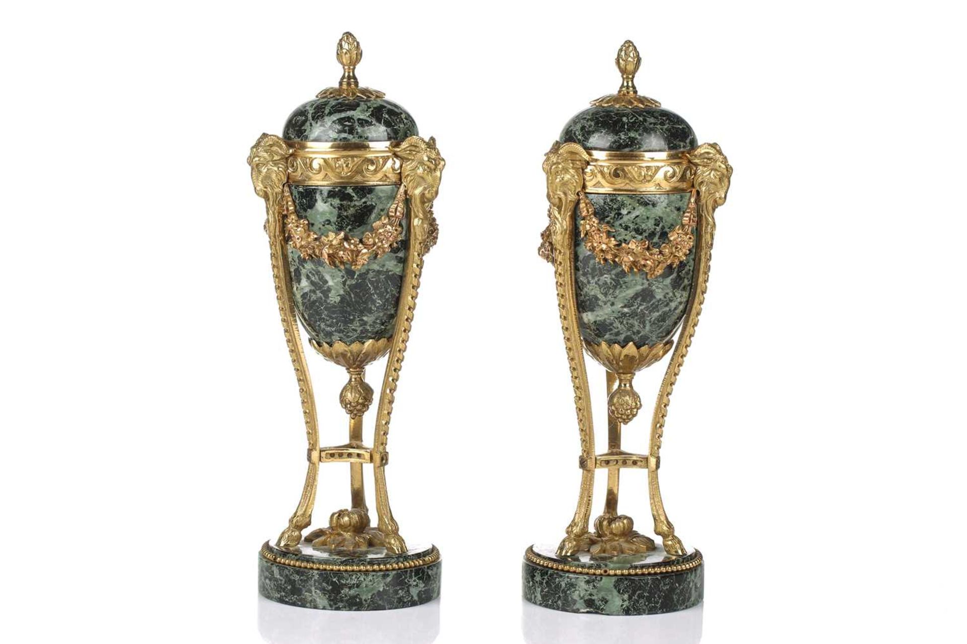 A fine pair of Louis XVI style ormolu and variegated green marble cassolettes of classical urn form, - Image 13 of 14