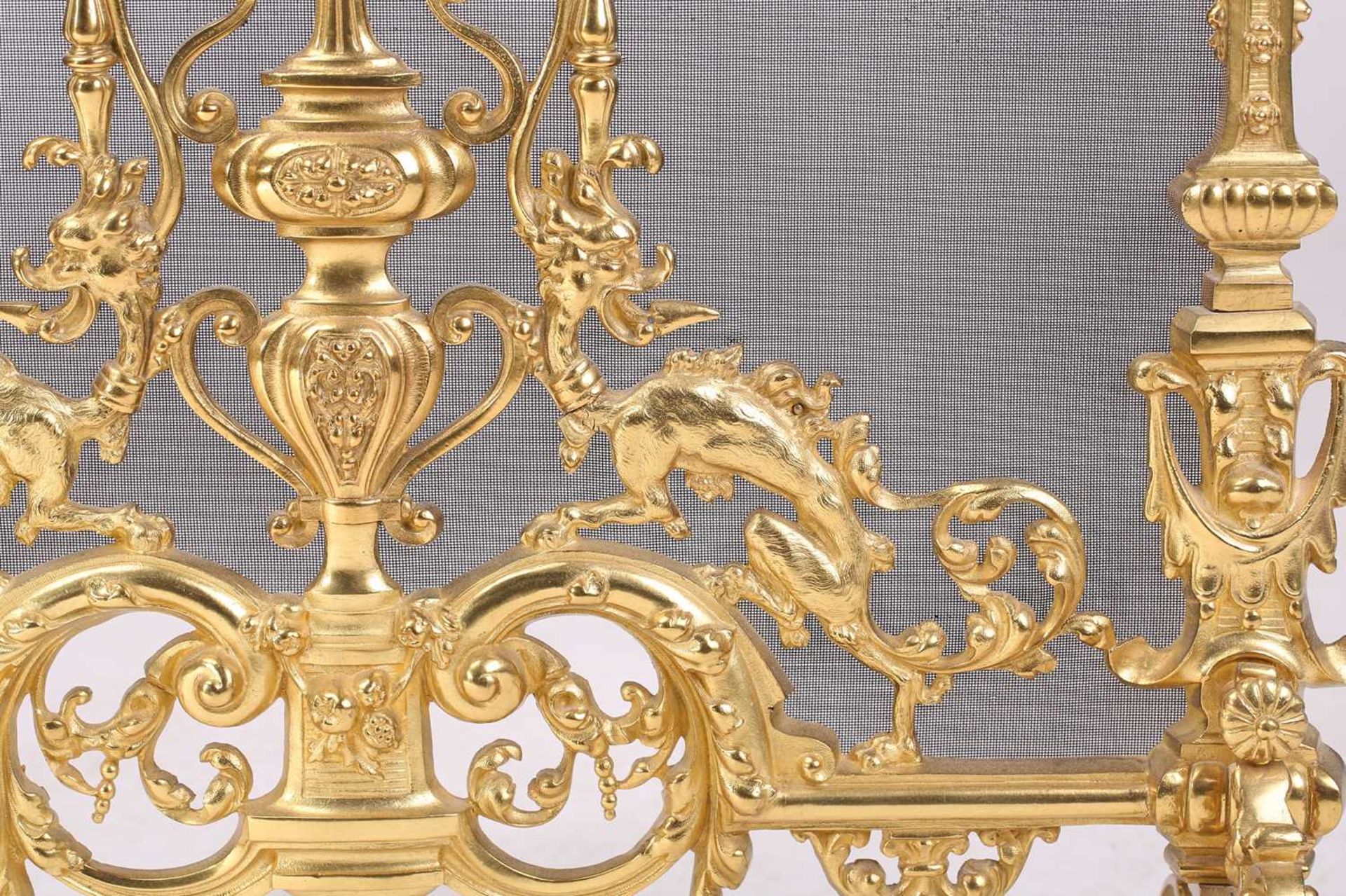 A Louis XVI-style heavy ormolu spark guard, late 20th century, with a shaped arch top above a pieced - Image 7 of 10