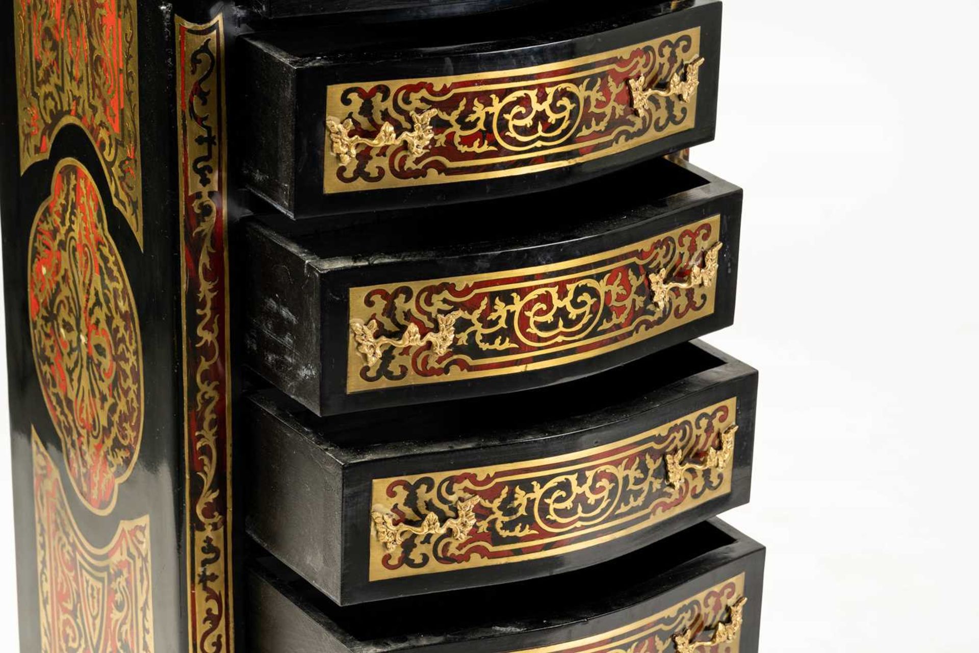 A Napoleon III style ebonised and faux shell Boule pedestal chest of six drawers with cast and - Image 7 of 7