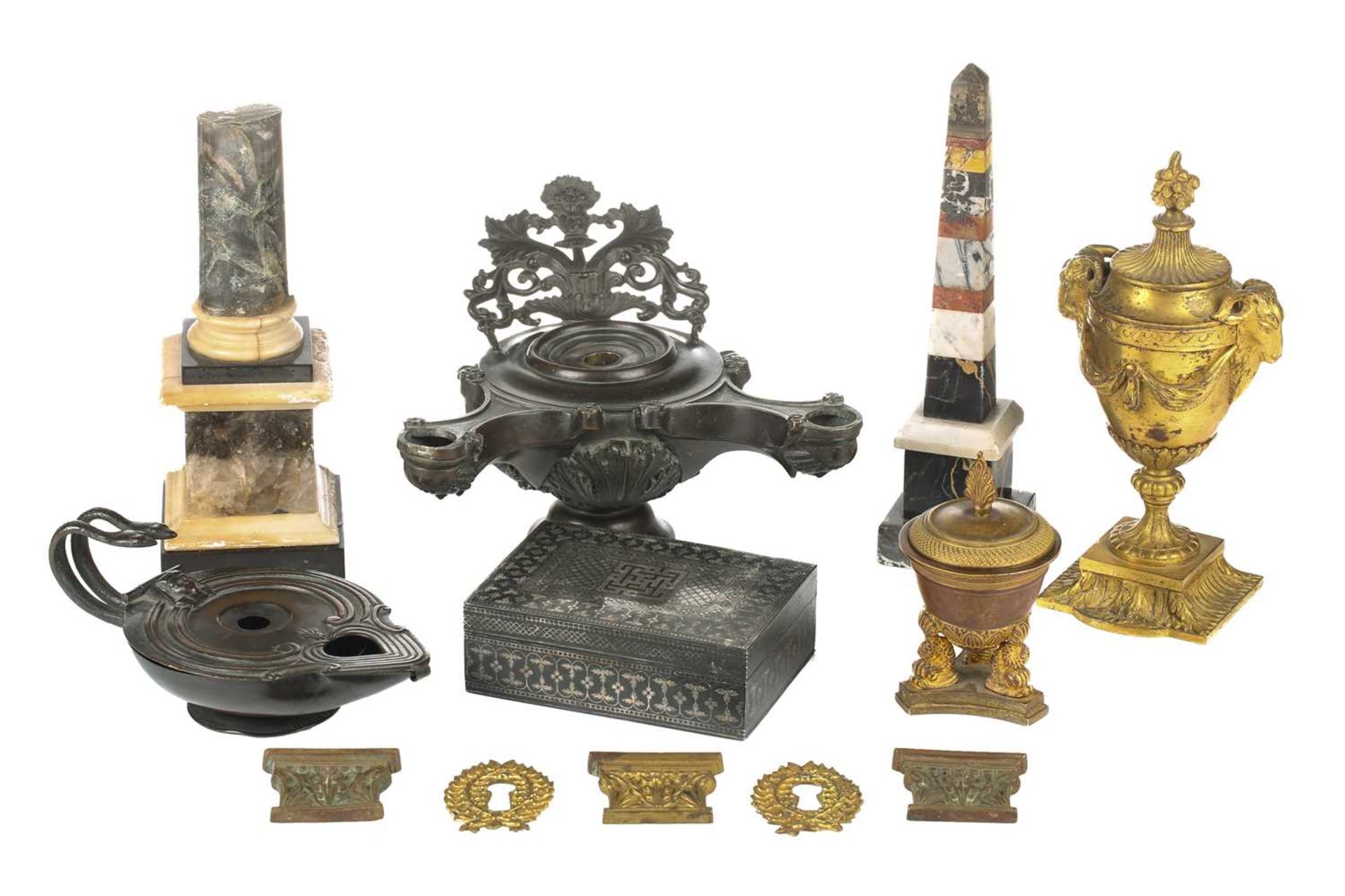 A collection of small grand tour items including a late grand tour cast bronze model of an ancient