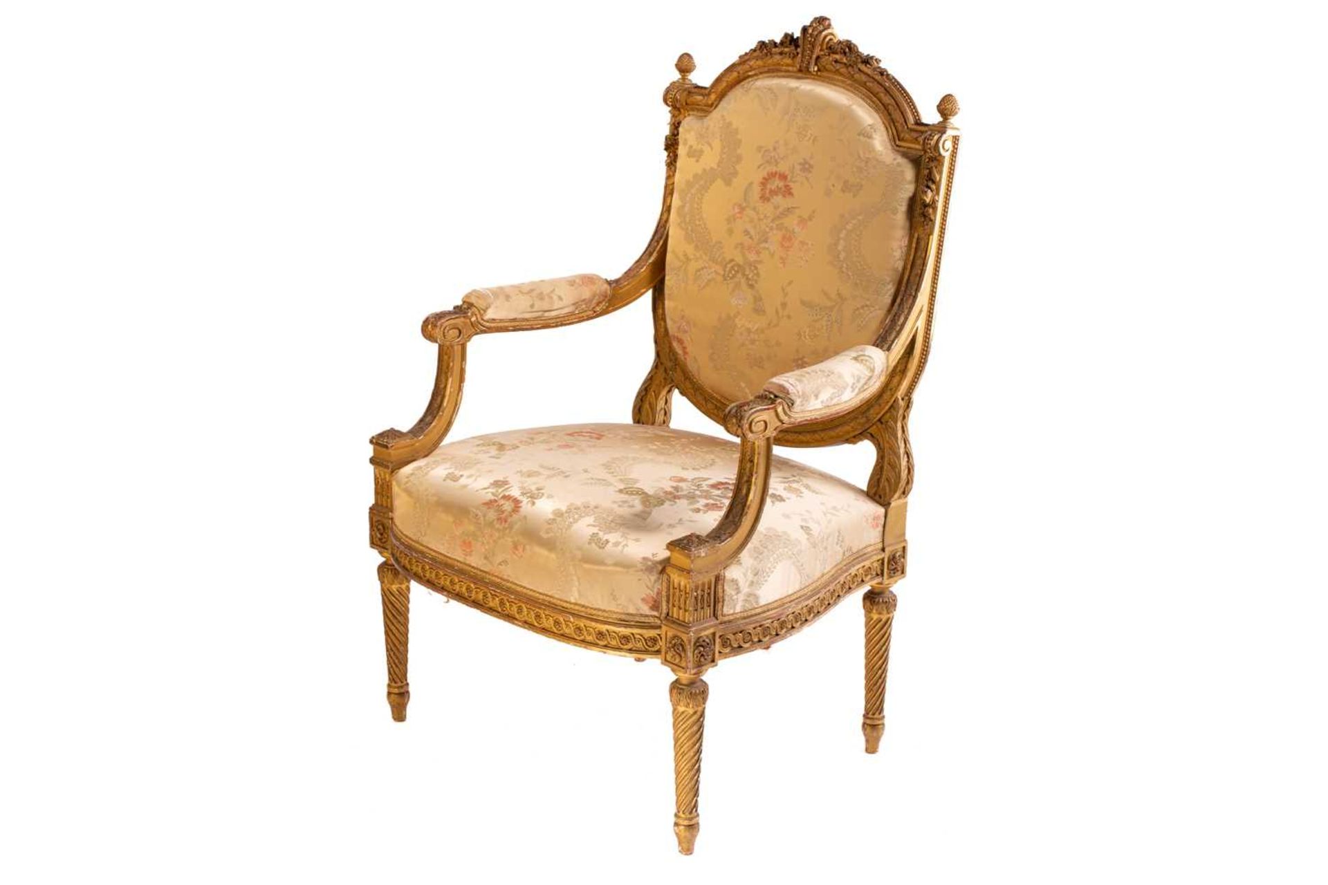 In the manner of George Jacob; a Louis XVI style finely carved wood and gilt gesso fauteuil, late - Image 4 of 35