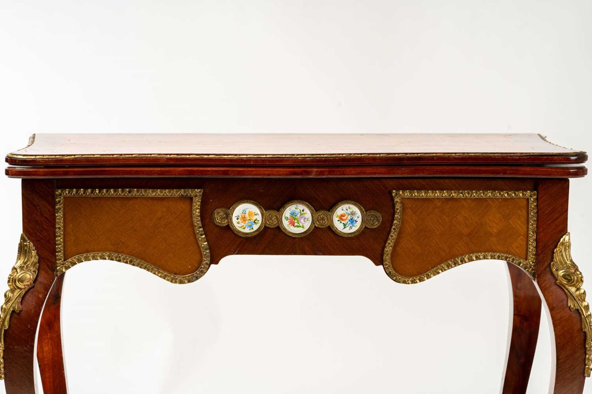 A Louis XV style mahogany and cube parquetry fold over serpentine gaming table, 20th century, the - Image 5 of 9