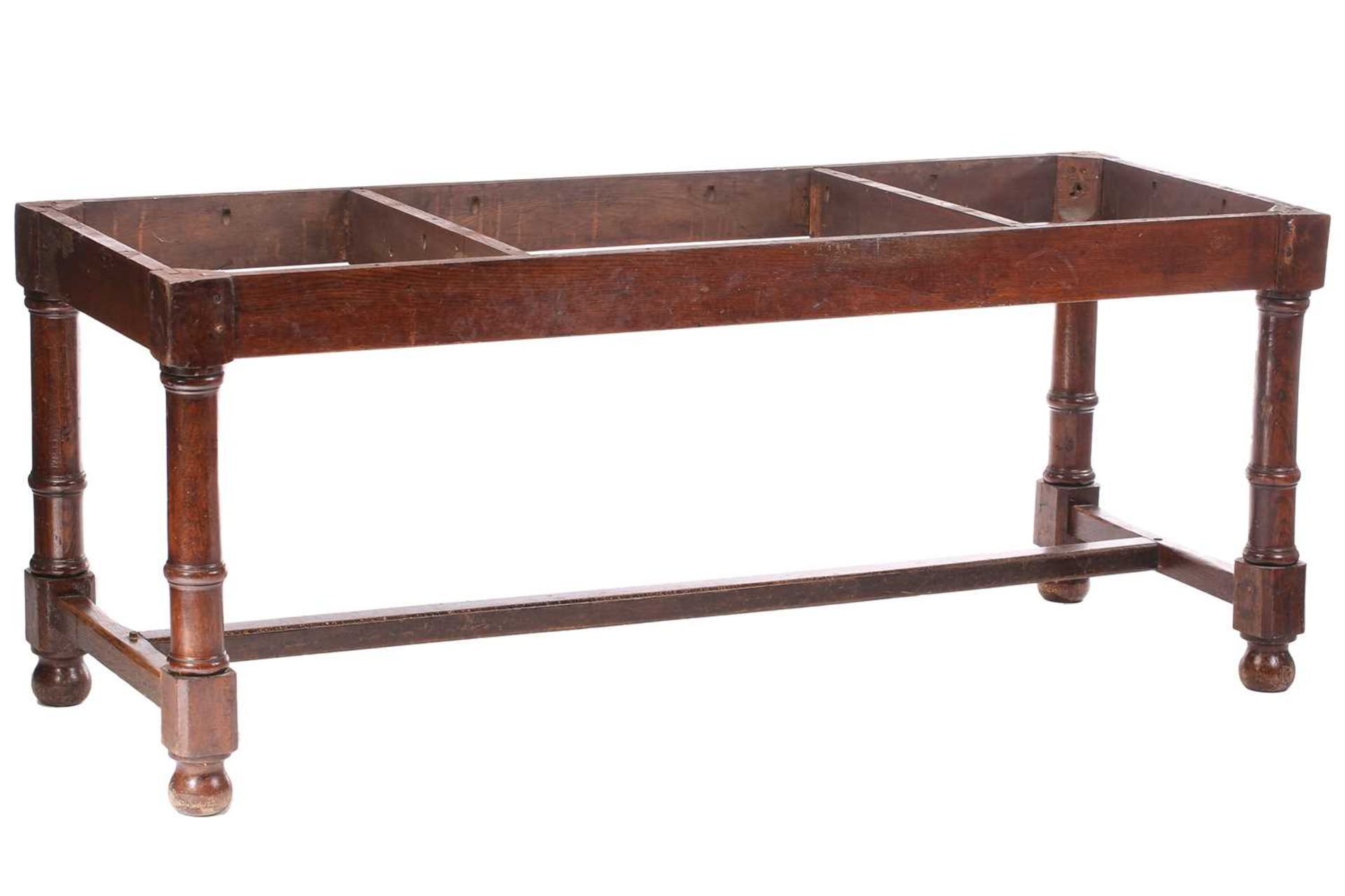 A French rustic oak farmhouse table, 19th century, with cleated scrubbed plank top, supported by - Image 2 of 8