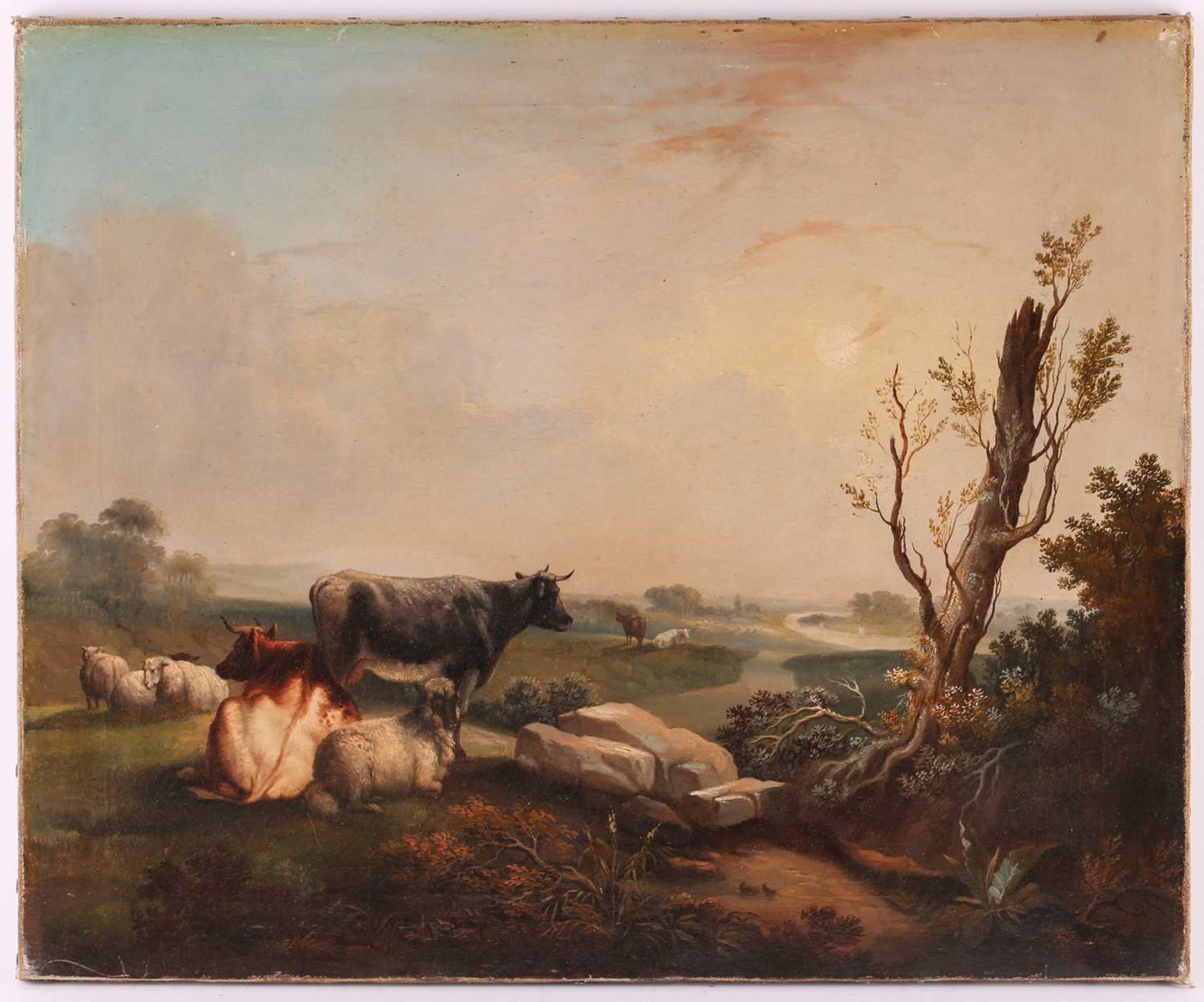 19th century British School, Cattle and sheep in a landscape with river beyond, unsigned, framed, - Bild 2 aus 15
