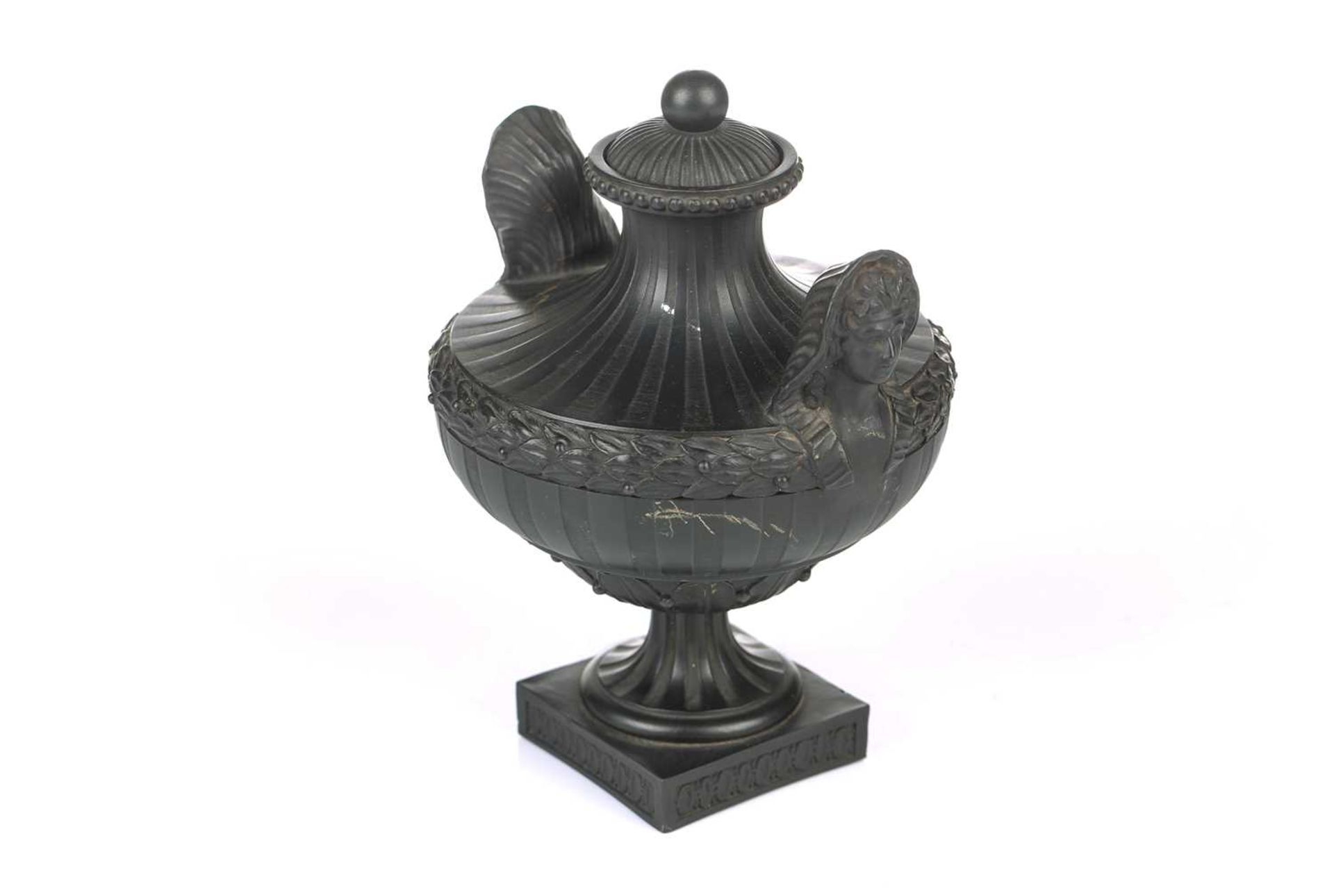 Wedgwood & Bentley, Etruria: a late 18th century black basalt urn and cover, of Classical form - Image 2 of 15