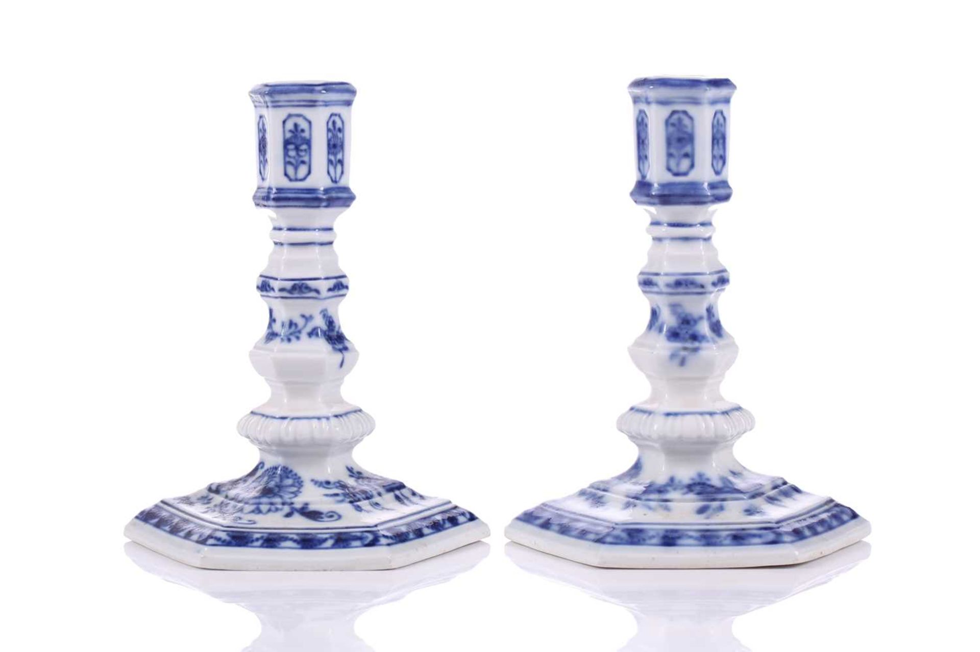 A pair of Meissen porcelain 'Onion' pattern Dutch style squat candlesticks of hexagonal section, - Image 4 of 8