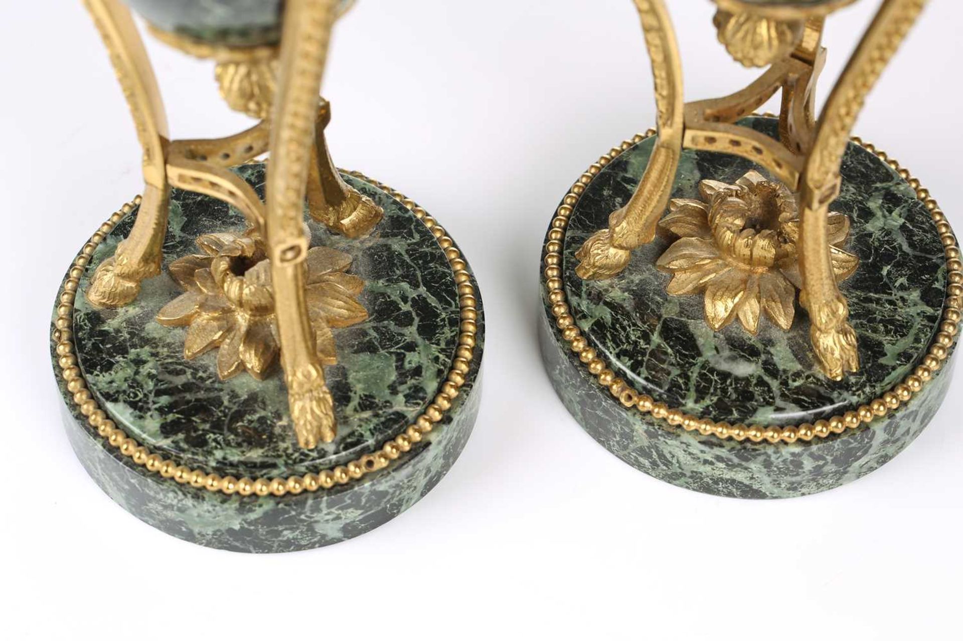 A fine pair of Louis XVI style ormolu and variegated green marble cassolettes of classical urn form, - Image 9 of 14
