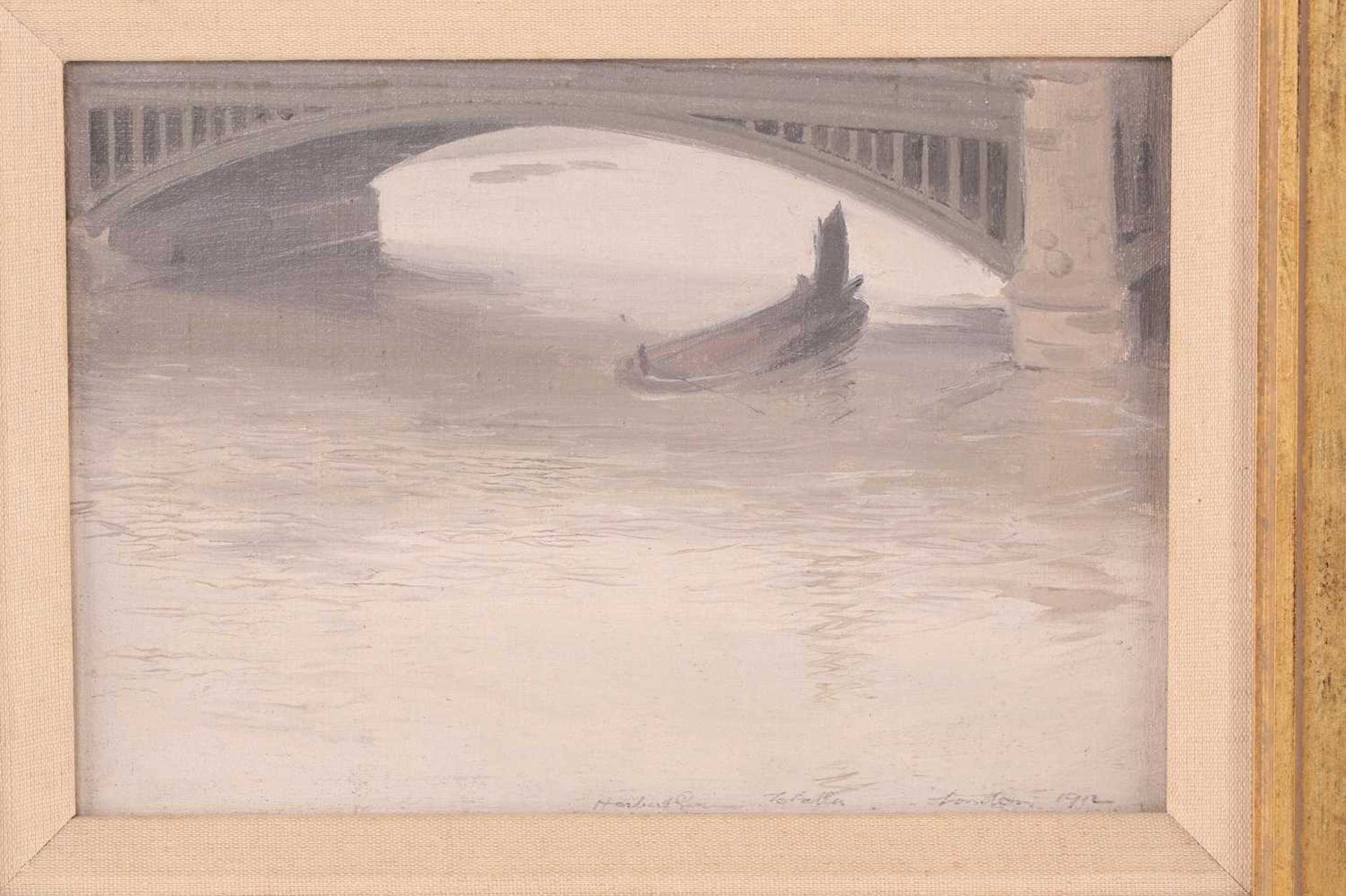 Sir Herbert James Gunn (1863-1964) British, a boat beneath a bridge on the Thames, oil on panel, - Image 3 of 9