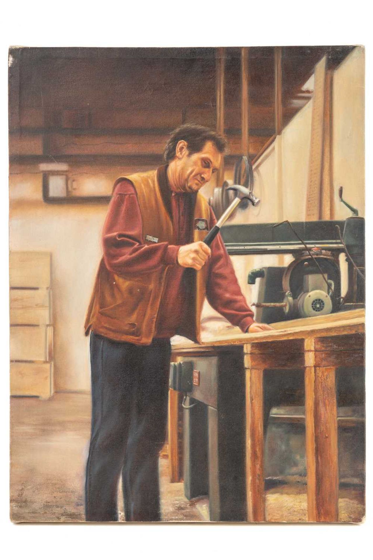 Darren Baker (b.1976), Workman at his bench, unsigned, oil on canvas, 58 x 43.5 cm, unframed, and - Image 7 of 11