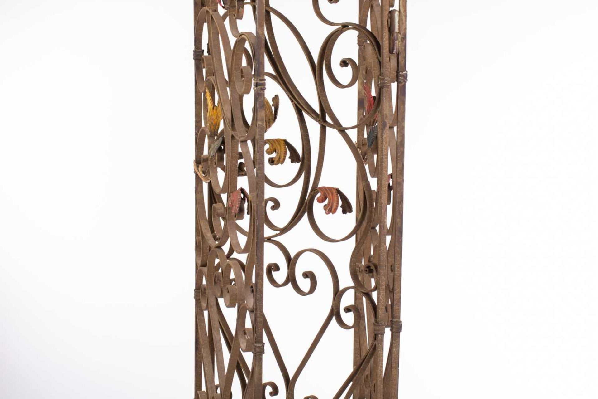 An Italianate wrought iron three panel room screen, 20th century ,with verdigris painted scrolling - Image 6 of 8