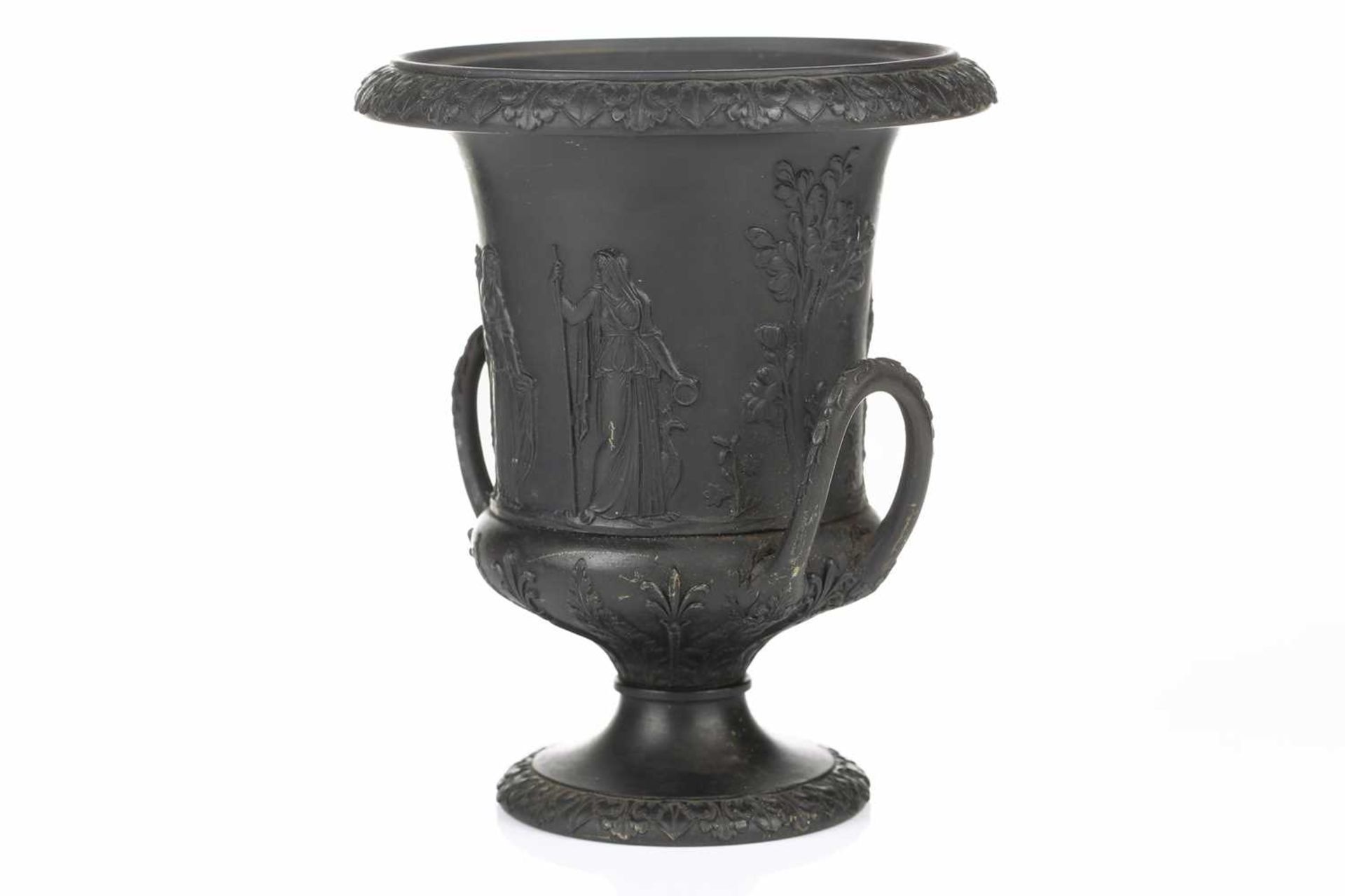 A 19th century Wedgwood black basalt urn of Campagna form, relief decorated with neo-classical - Image 5 of 11