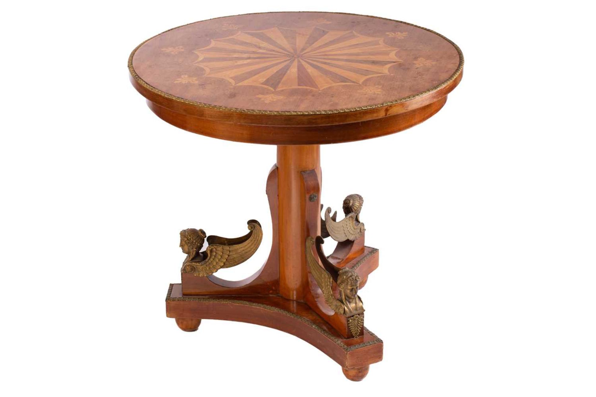 A French Charles X style mahogany gueridon, late 19th century, the circular top with a decorative - Image 2 of 12