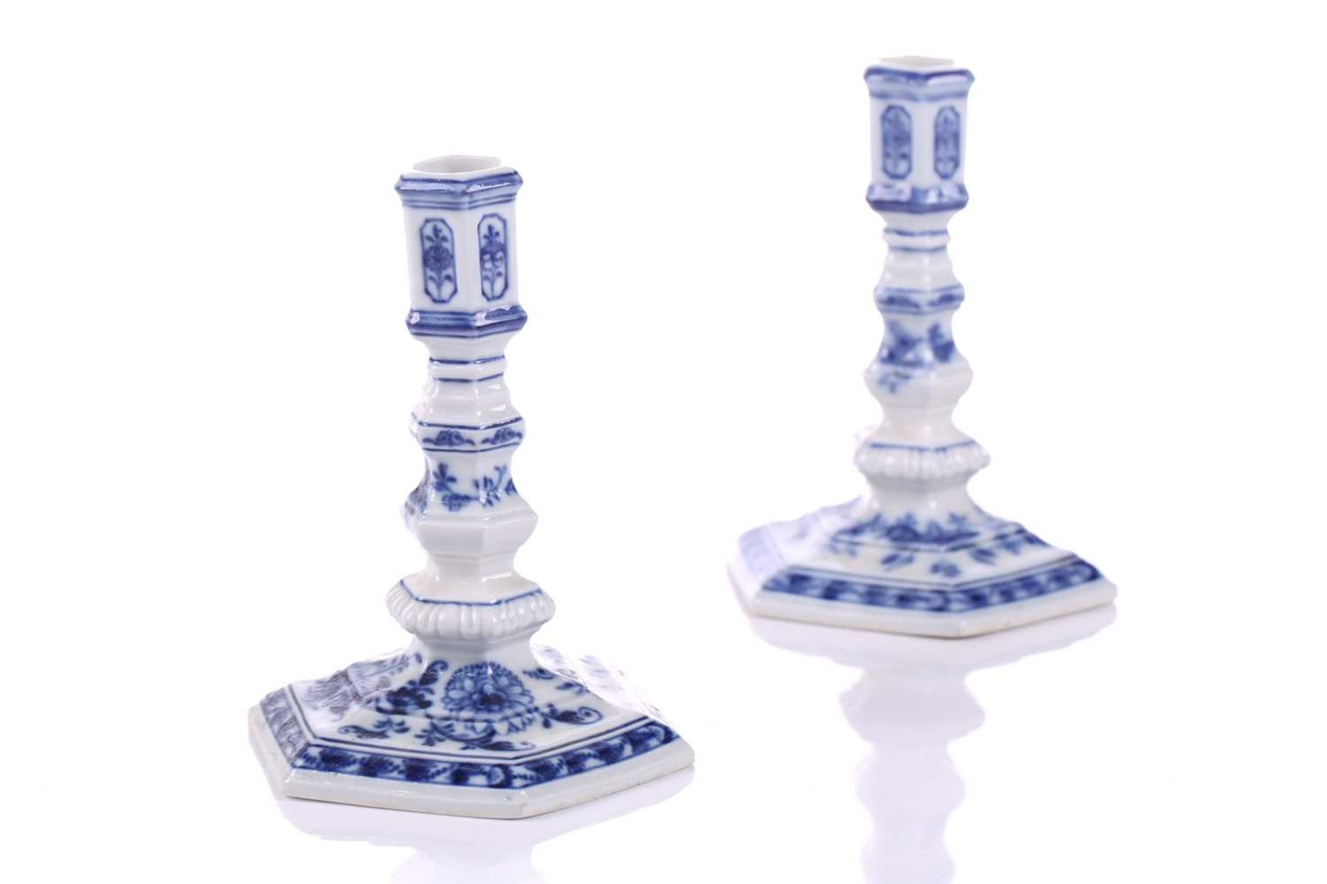 A pair of Meissen porcelain 'Onion' pattern Dutch style squat candlesticks of hexagonal section, - Image 3 of 8