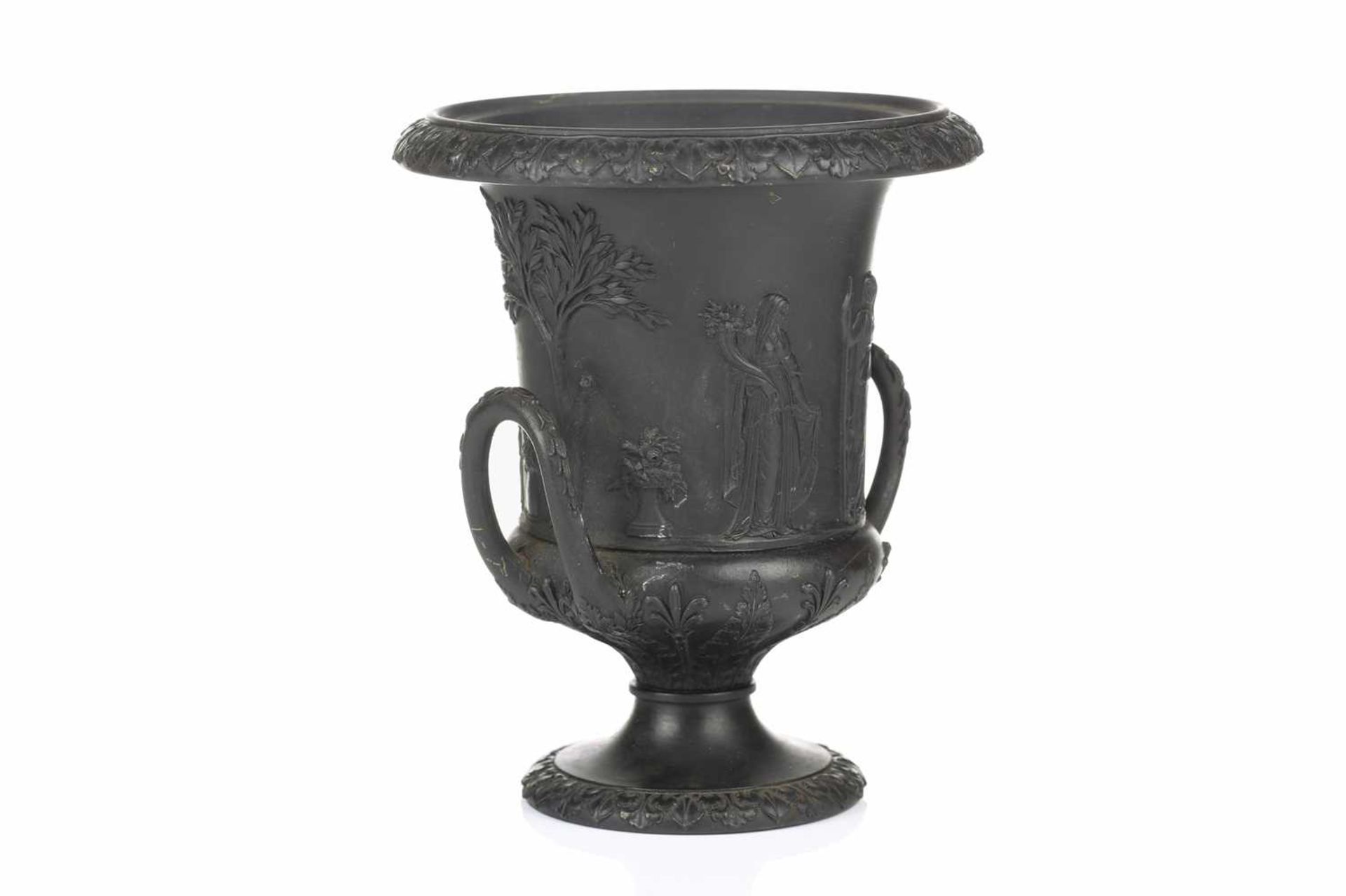A 19th century Wedgwood black basalt urn of Campagna form, relief decorated with neo-classical - Image 7 of 11
