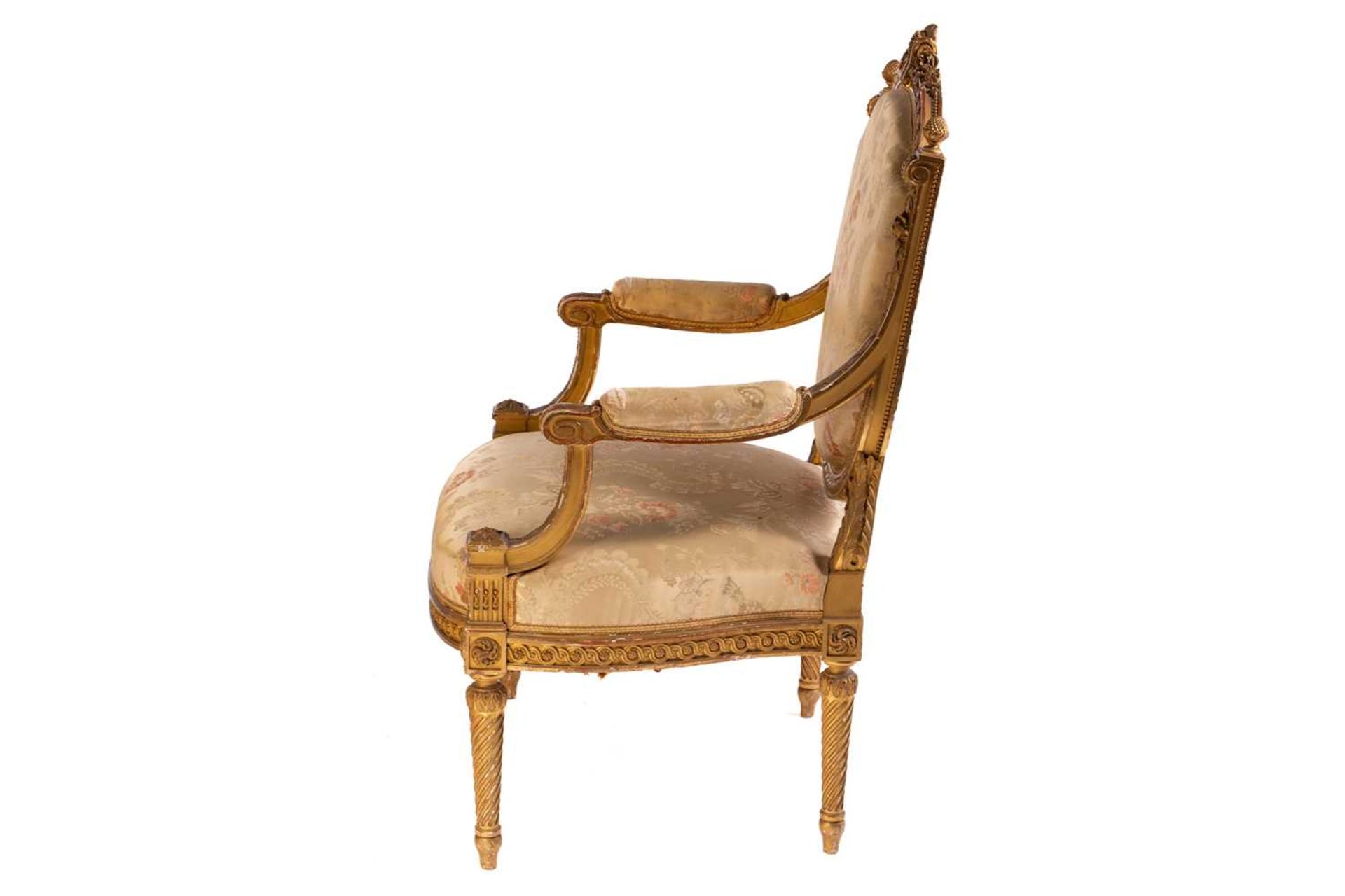 In the manner of George Jacob; a Louis XVI style finely carved wood and gilt gesso fauteuil, late - Image 7 of 35