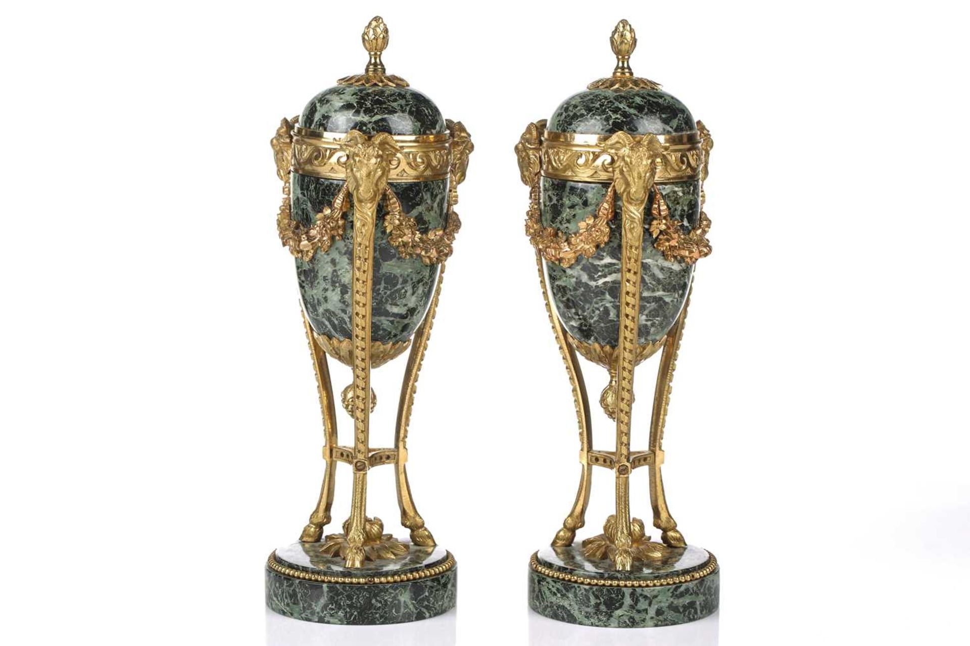 A fine pair of Louis XVI style ormolu and variegated green marble cassolettes of classical urn form, - Image 12 of 14