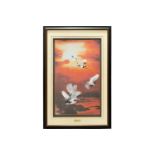A large Japanese embroidered picture of cranes in flight, 20th century, 98 cm x 57 cm framed and