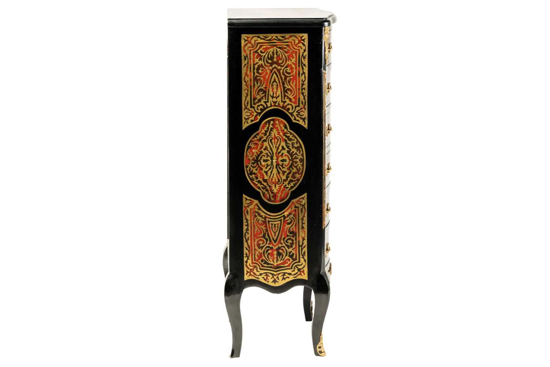 A Napoleon III style ebonised and faux shell Boule pedestal chest of six drawers with cast and - Image 5 of 7