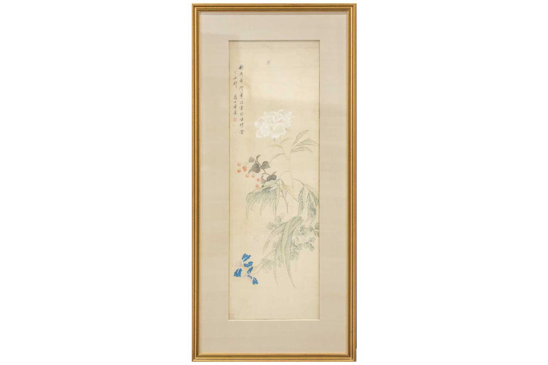 Fang Xun (Chinese, 1736 - 1799) Iris, wallflower, michaelia and peony, signed, watercolour on