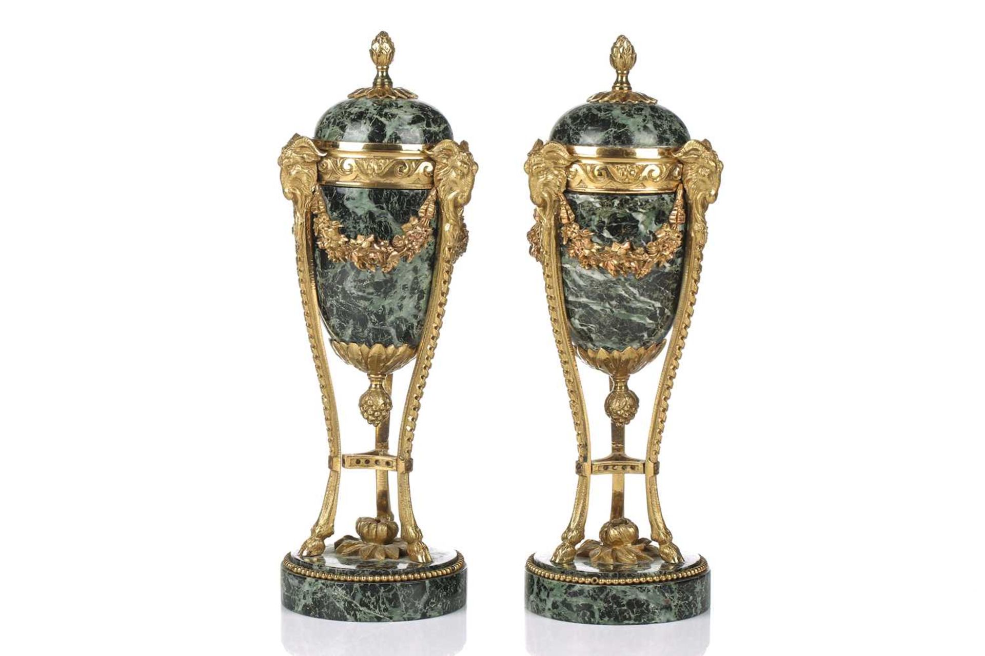 A fine pair of Louis XVI style ormolu and variegated green marble cassolettes of classical urn form, - Image 14 of 14
