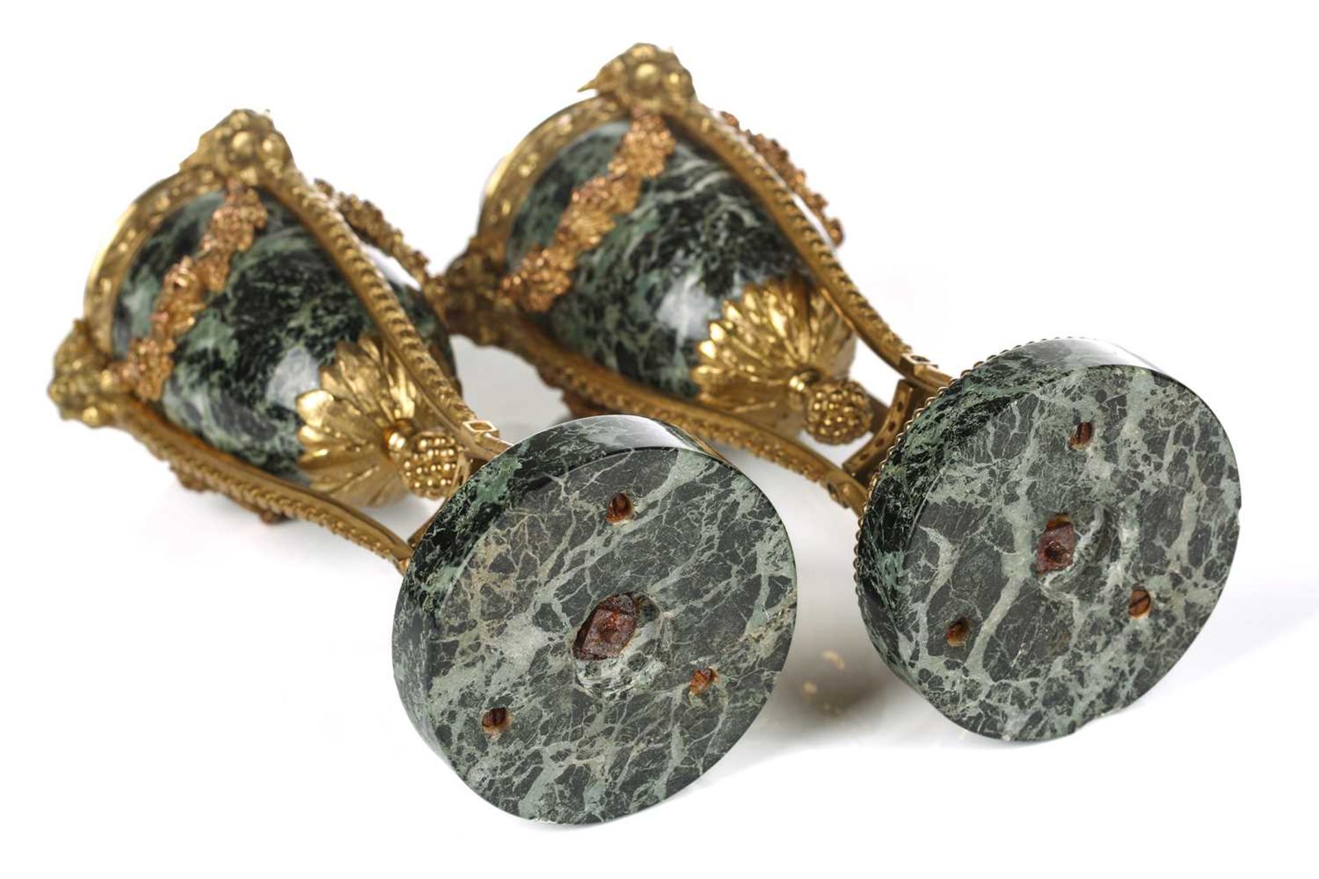 A fine pair of Louis XVI style ormolu and variegated green marble cassolettes of classical urn form, - Image 5 of 14