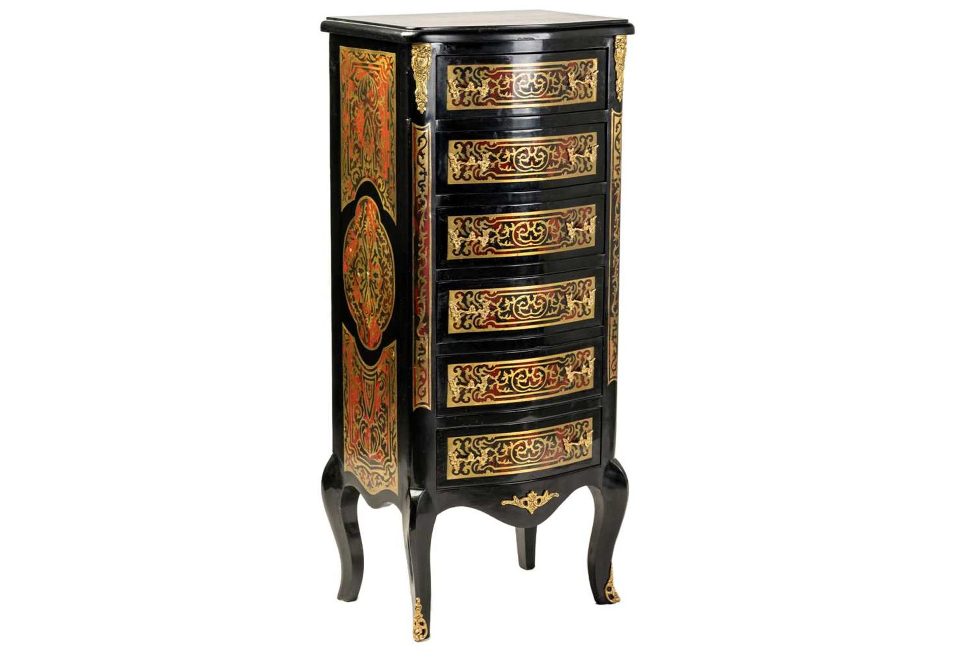 A Napoleon III style ebonised and faux shell Boule pedestal chest of six drawers with cast and