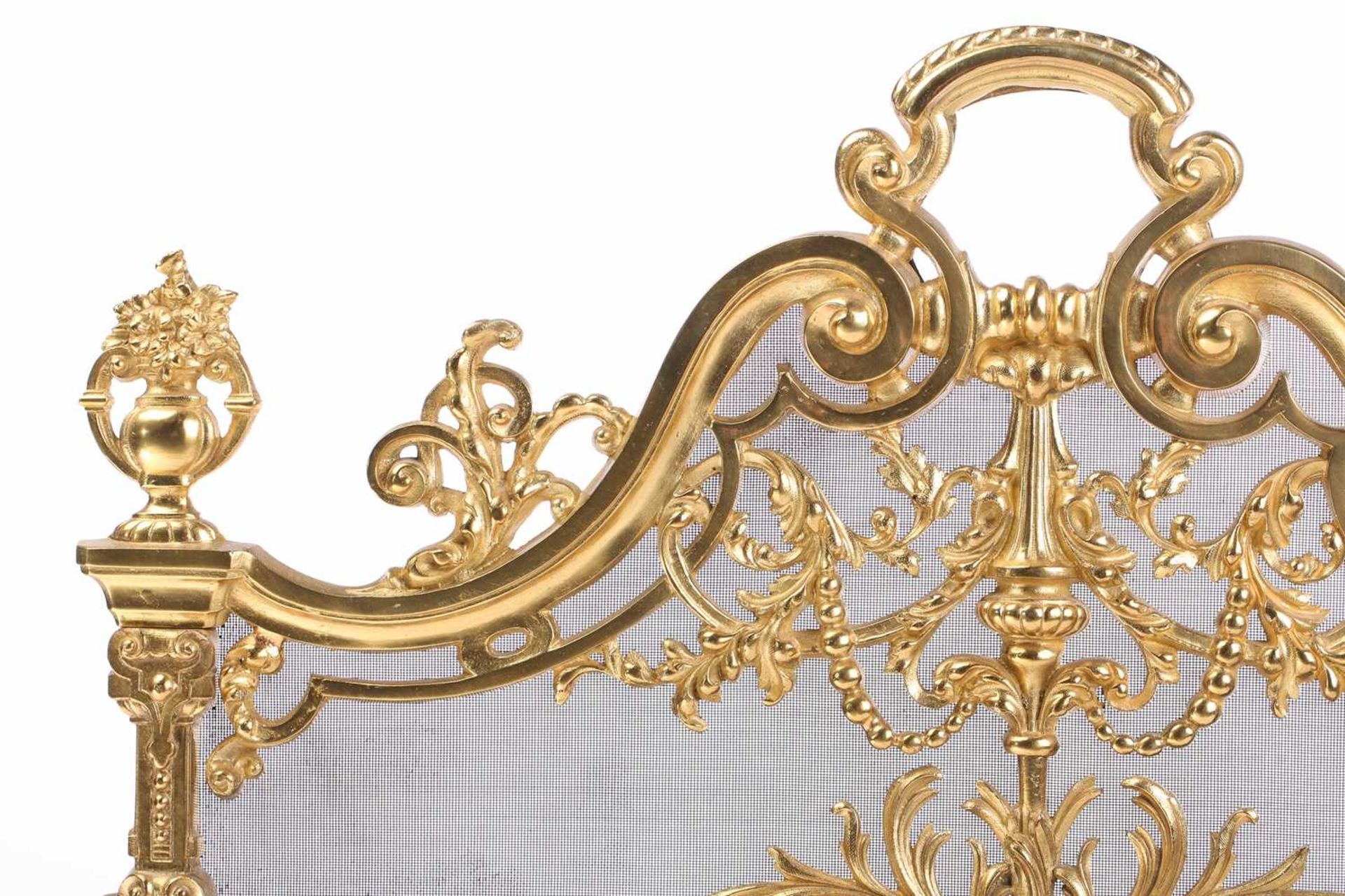 A Louis XVI-style heavy ormolu spark guard, late 20th century, with a shaped arch top above a pieced - Image 4 of 10