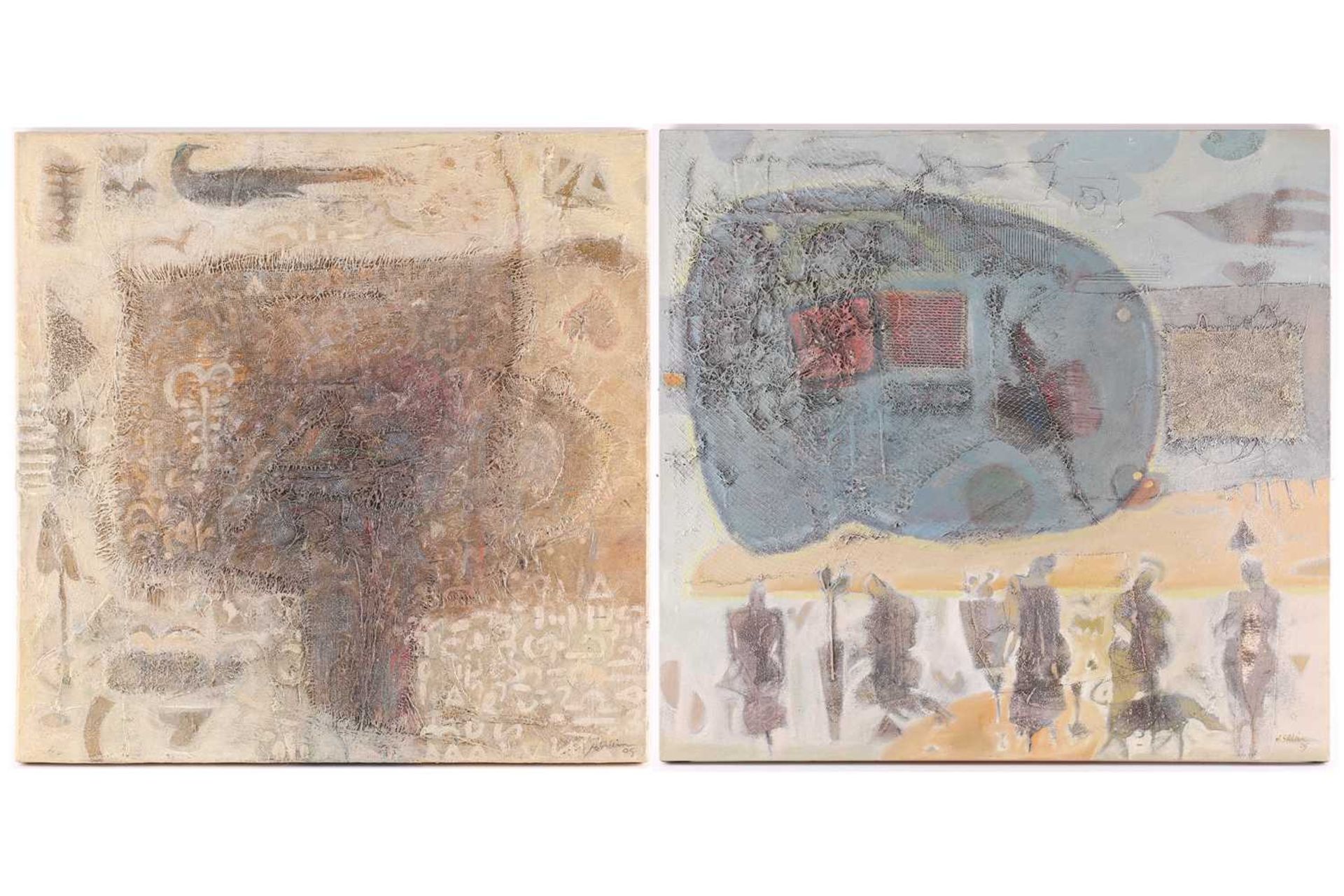 Hussein Salim (b.1966) Sudanese, two abstract studies on canvas, mixed media, 75 cm x 80 cm and 75