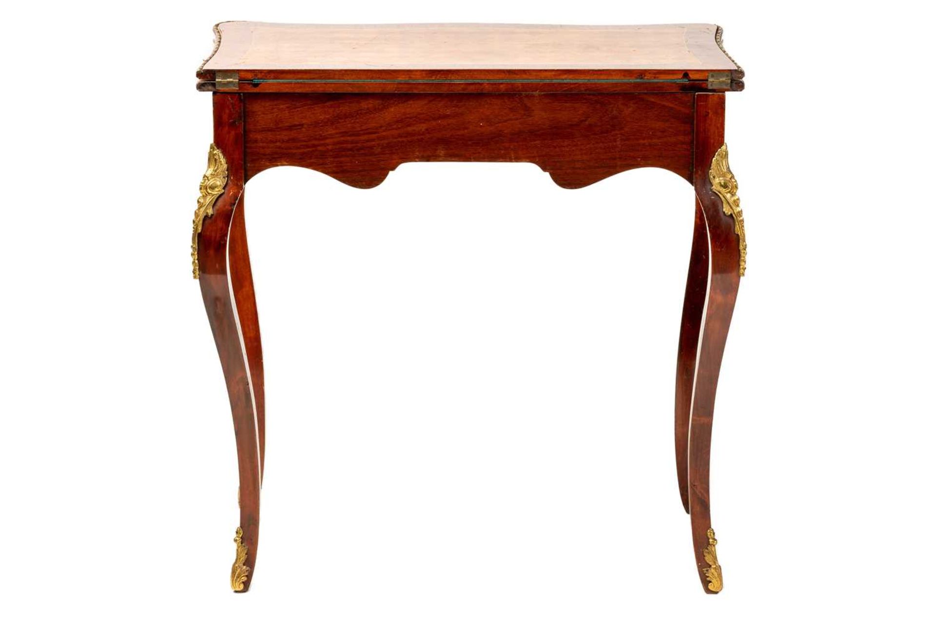 A Louis XV style mahogany and cube parquetry fold over serpentine gaming table, 20th century, the - Image 4 of 9